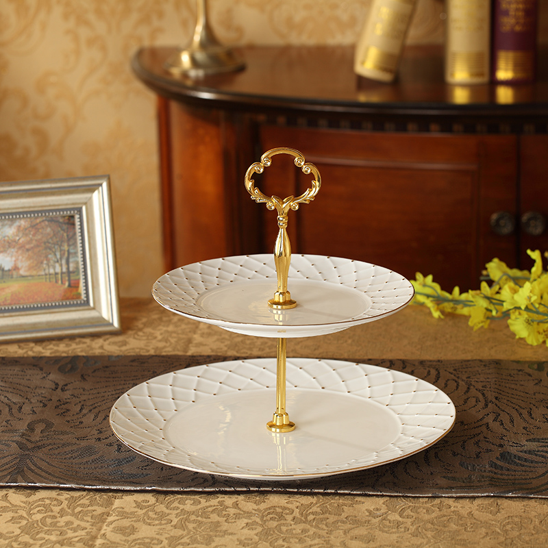 Gold ipads China tea three snack tray was European sitting room multilayer fruit double disc wedding dessert cake plate