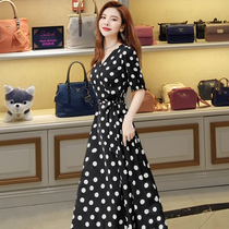 Long dress women knee long skirt slim waist 2020 Summer new Korean version V collar short sleeve temperament