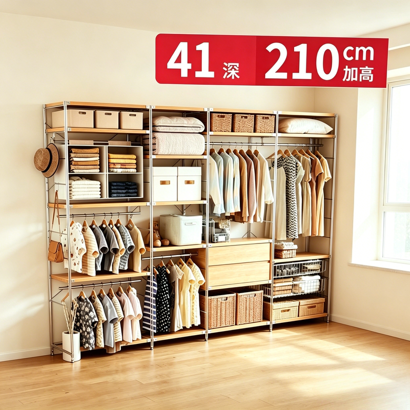 41 Deep Open Wardrobe Modern Mid-Century Style Storage Rack Walk-In Shelf Clothes Rack Floor-Standing Wardrobe Cloakroom Rack