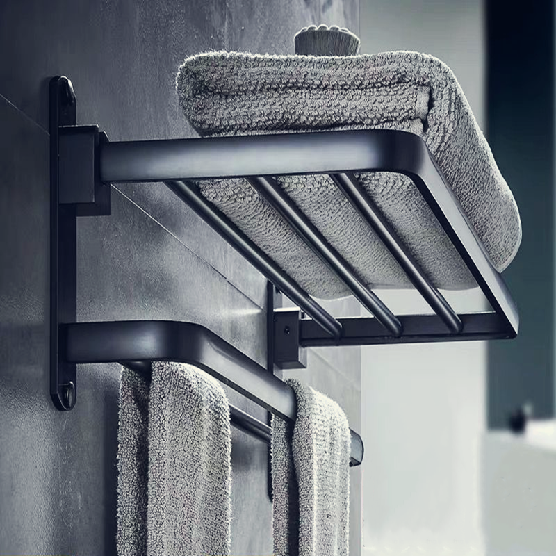 Space aluminum black towel rack pendant punch-free combination set Bathroom bathroom rack Wall towel rack