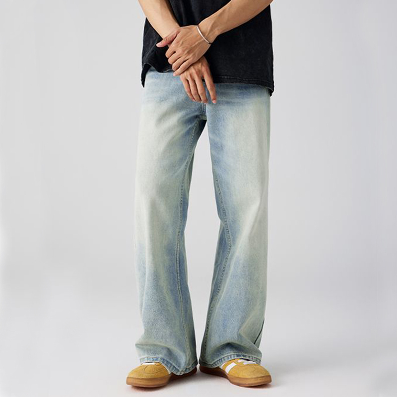 Bgxmb American Retro Washed Blue and White Gradient Color-Blocked Jeans Unisex Loose Straight-Leg Neutral Long Pants