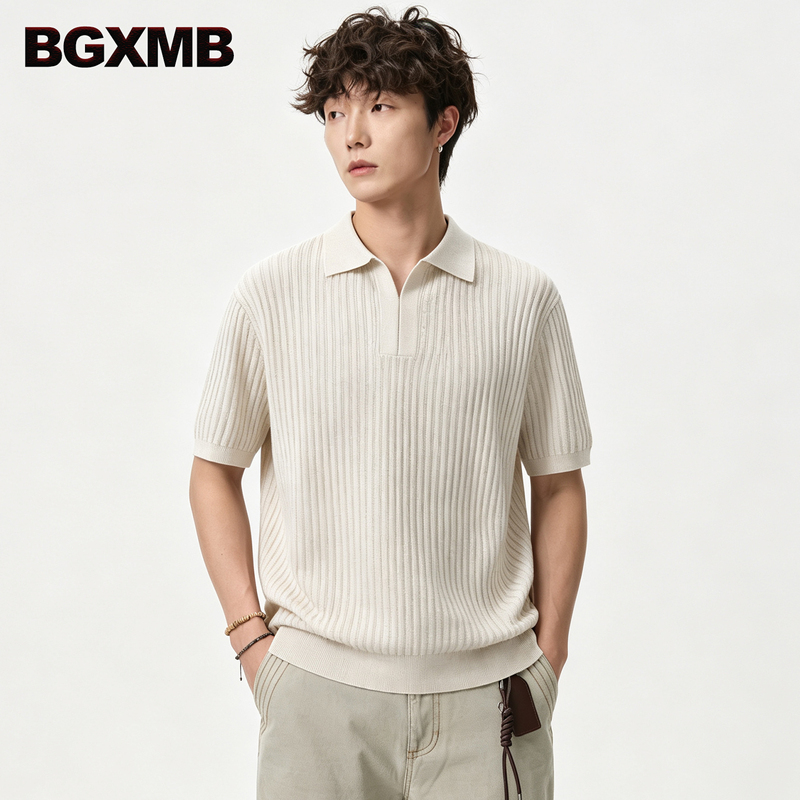 Bgxmb Old Money Style Light Luxury Lapel Linen Knit Polo Shirt Men's Summer Lyocell Short-Sleeved Breathable Casual T-Shirt
