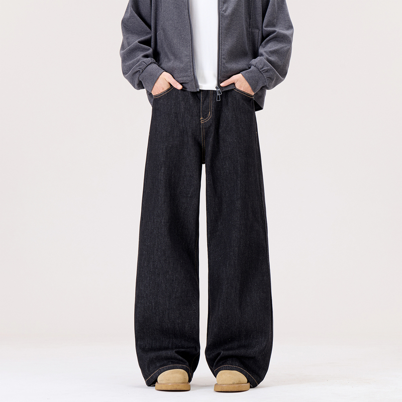 Tbrjj New Vintage Black Retro Loose Straight-Leg Pants Men's Old Money Style Wide-Leg Denim Trousers