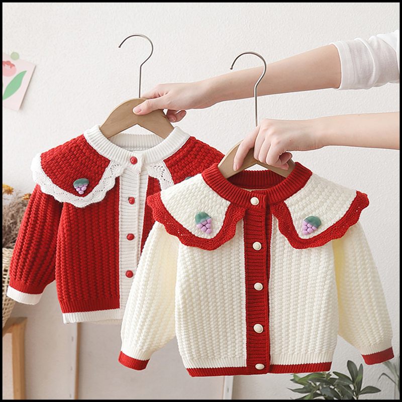 Girls' Sweater Cardigan Jacket Autumn and Winter New Children's Clothing Solid Color Cherry Round Neck Baby Versatile Knitwear Outerwear