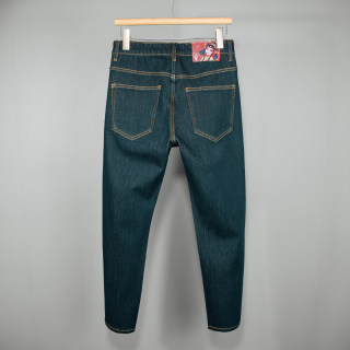 Light luxury anti-fading nine-point jeans for men, dark jade green four-way stretch soft denim fabric slim-fitting pants