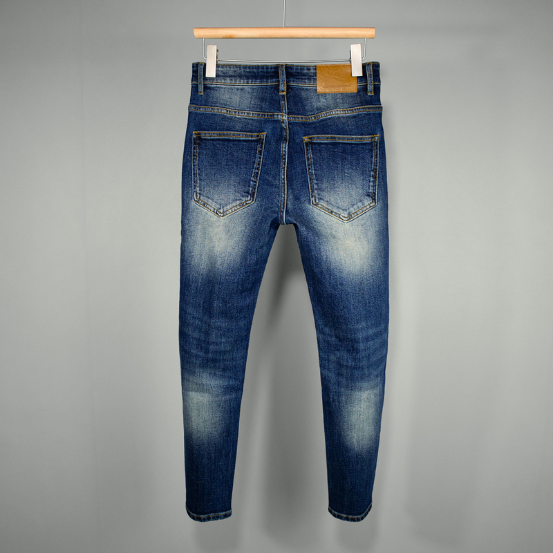 Blue Cropped Jeans for Men, High-Quality Stretchy Trendy Washed Vintage-Style Slim-Fit Skinny Jeans