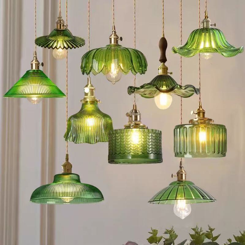 Atmospheric Brass Green Glass Chandelier, Retro Bar Counter, Aisle, Guesthouse, Shop, Fresh and Simple Style, Dining Room, Bedroom