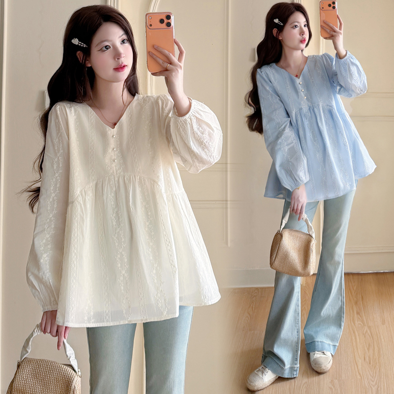 Maternity Wear Autumn Design V-Neck Elegant Age-Reducing Embroidered Loose Slimming Babydoll Shirt Spring and Autumn Plus Size Top