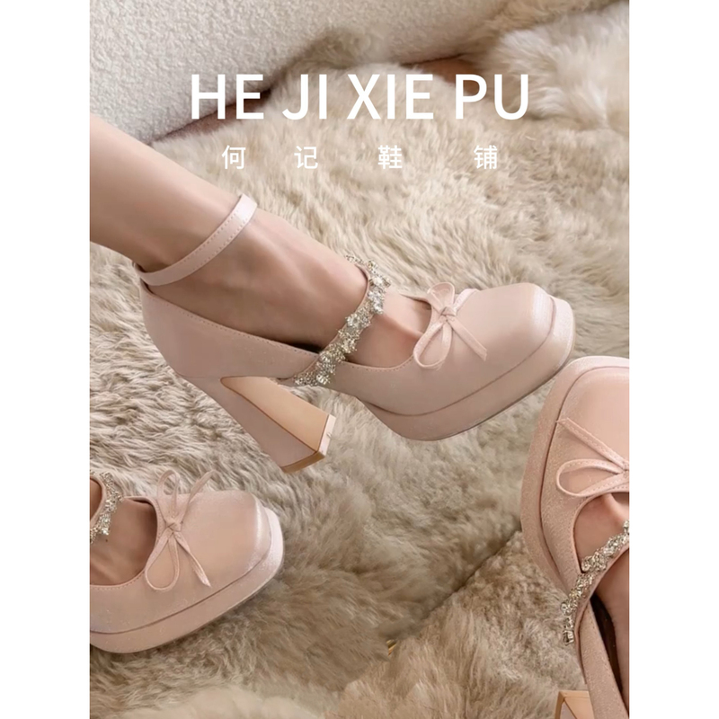 French Bow Square-Toe Rhinestone Mary Jane Shoes for Women, Niche Pink One-Strap Chunky Heel Sweet Style High Heels