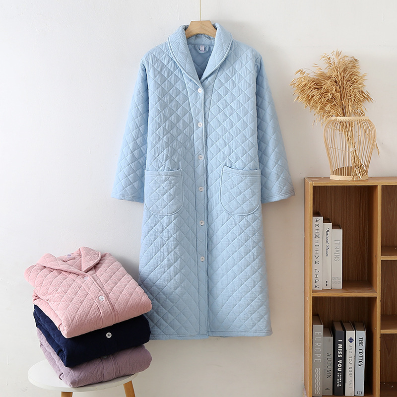 2024 New Six-Layer Gauze Quilted Thickened Warm and Cold-Resistant Green Collar Button Robe Loungewear Unisex