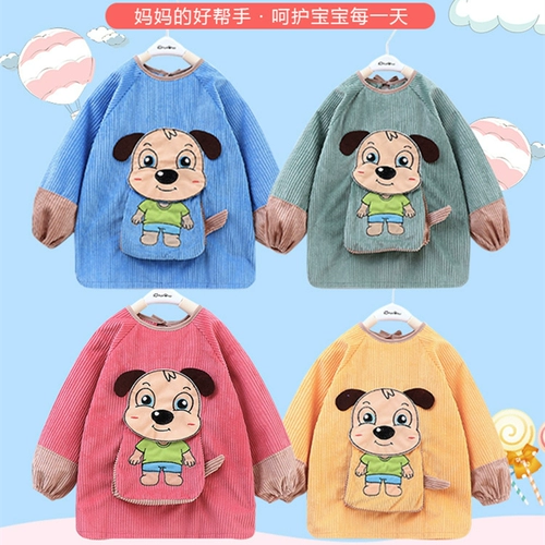 Демисезонный бархатный детский водонепроницаемый фартук для раннего возраста, лонгслив для еды, сзади на завязках, с карманом