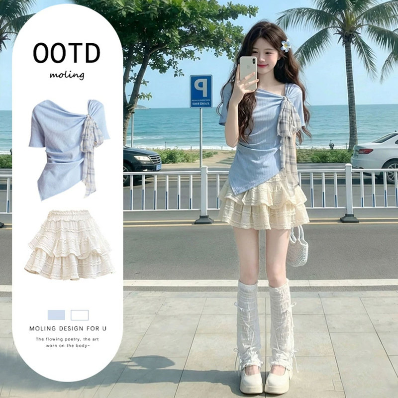 Fashion Suit for Women Summer 2026 New Style Asymmetrical Waist-Cinching Short-Sleeved T-Shirt Top Puffy Cake Skirt Two-Piece Set Fashion Suit for Women Summer 2026 New Style Asymmetrical Waist-Cinching Short-Sleeved T-Shirt Top Puffy Cake Skirt Two-Piece Set