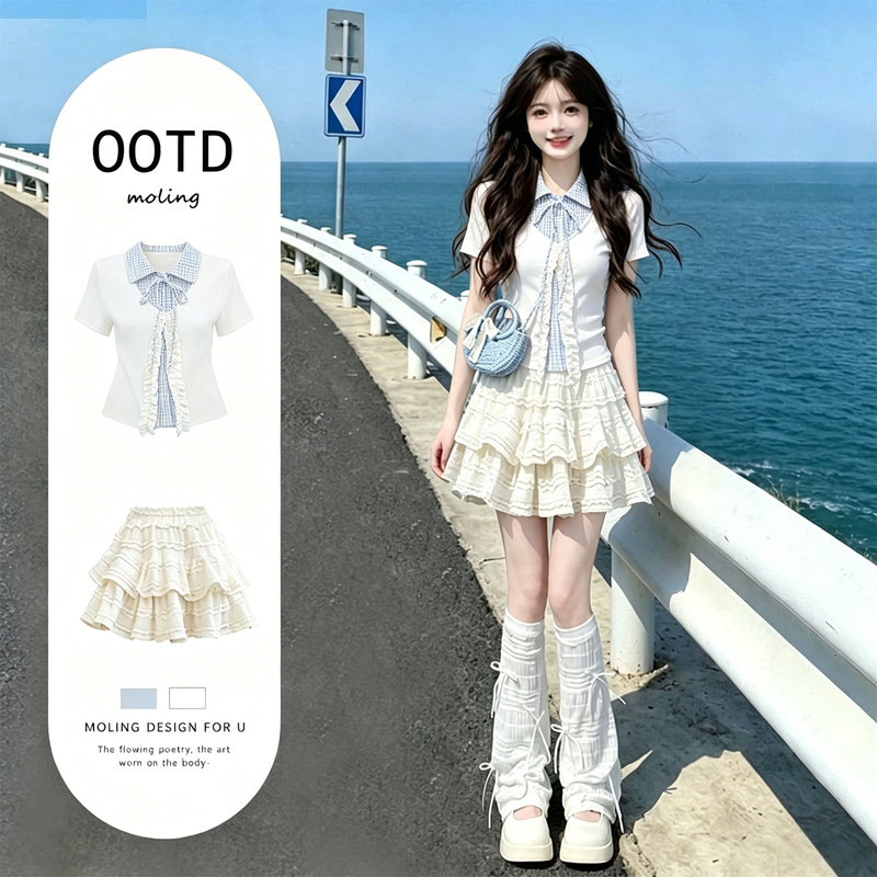 Sweet and Fashionable Women's Summer Outfit 2026 New Style College Style Color-Blocking Doll Collar Short-Sleeve Shirt and Tiered Skirt Two-Piece Set Sweet and Fashionable Women's Summer Outfit 2026 New Style College Style Color-Blocking Doll Collar Short-Sleeve Shirt and Tiered Skirt Two-Piece Set