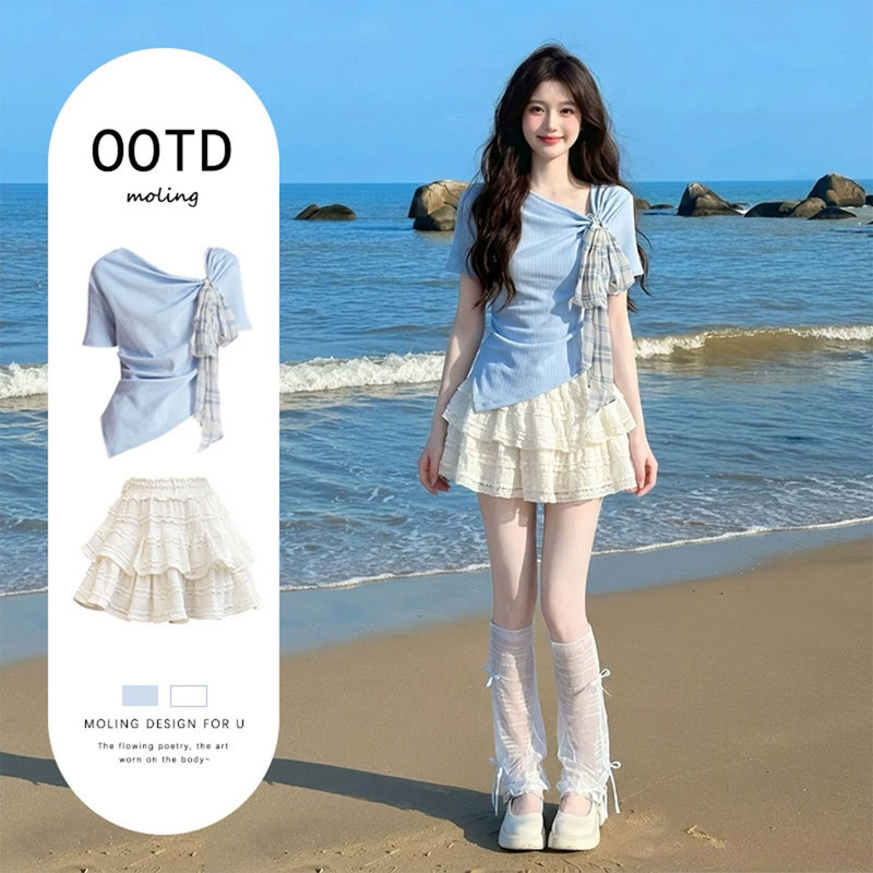 Sweet and Fresh Suit for Women 2026 New Korean Style Swing Collar Asymmetrical Short-Sleeved T-Shirt Puffy Cake Skirt Two-Piece Set