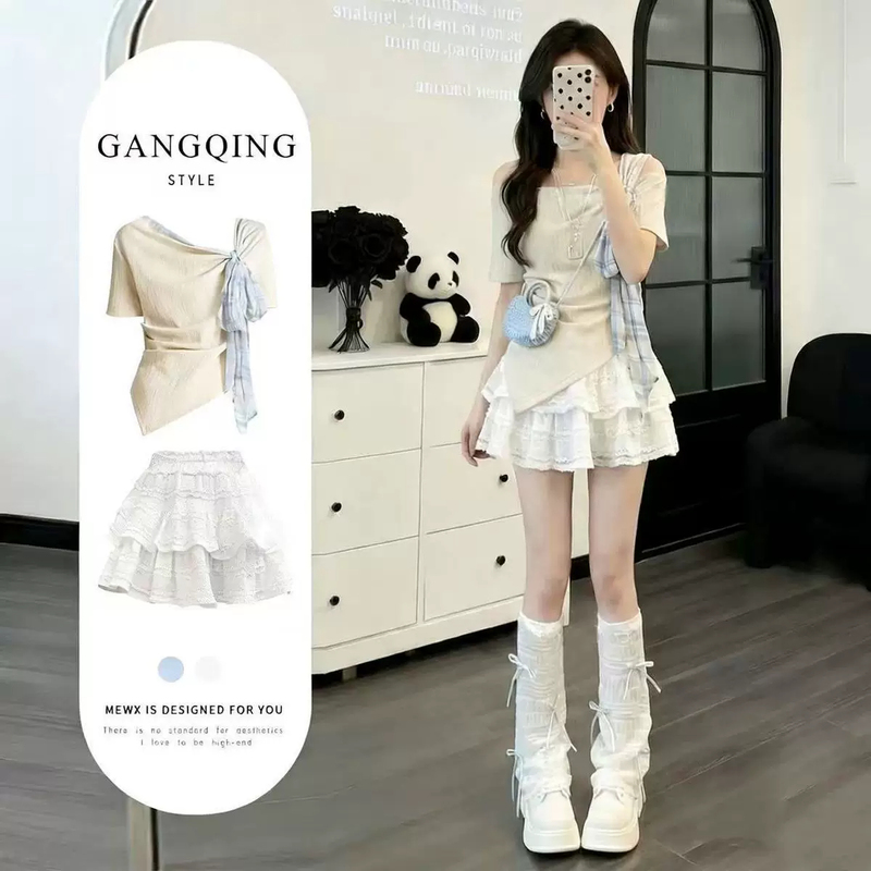 Fashion Suit for Women Summer 2026 New Style Preppy Style Asymmetrical Short-Sleeved T-Shirt Top Puffy Cake Skirt Two-Piece Set