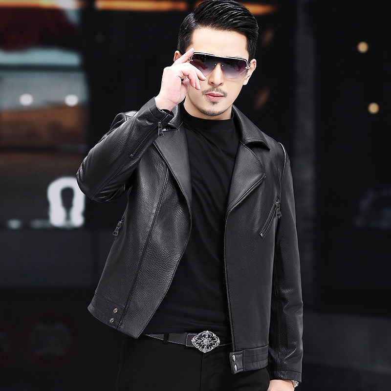 2021 new Haining leather men's sheepskin jacket suit collar slim youth locomotive handsome coat tide