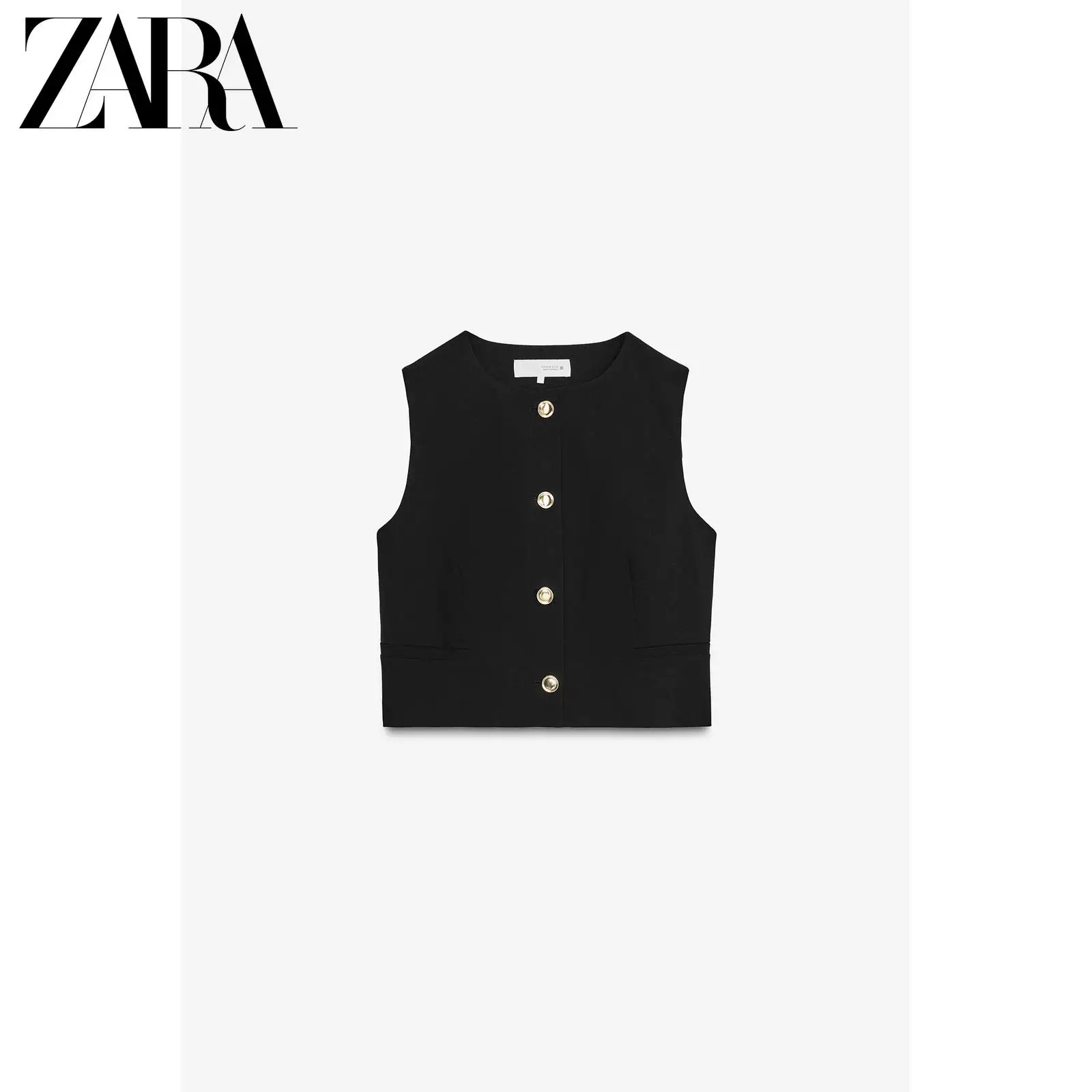 ZARA 2026 весна-лето новые поступления женские безрукавка с круглым вырезом золотистая кнопка короткий жилет 4387360 800