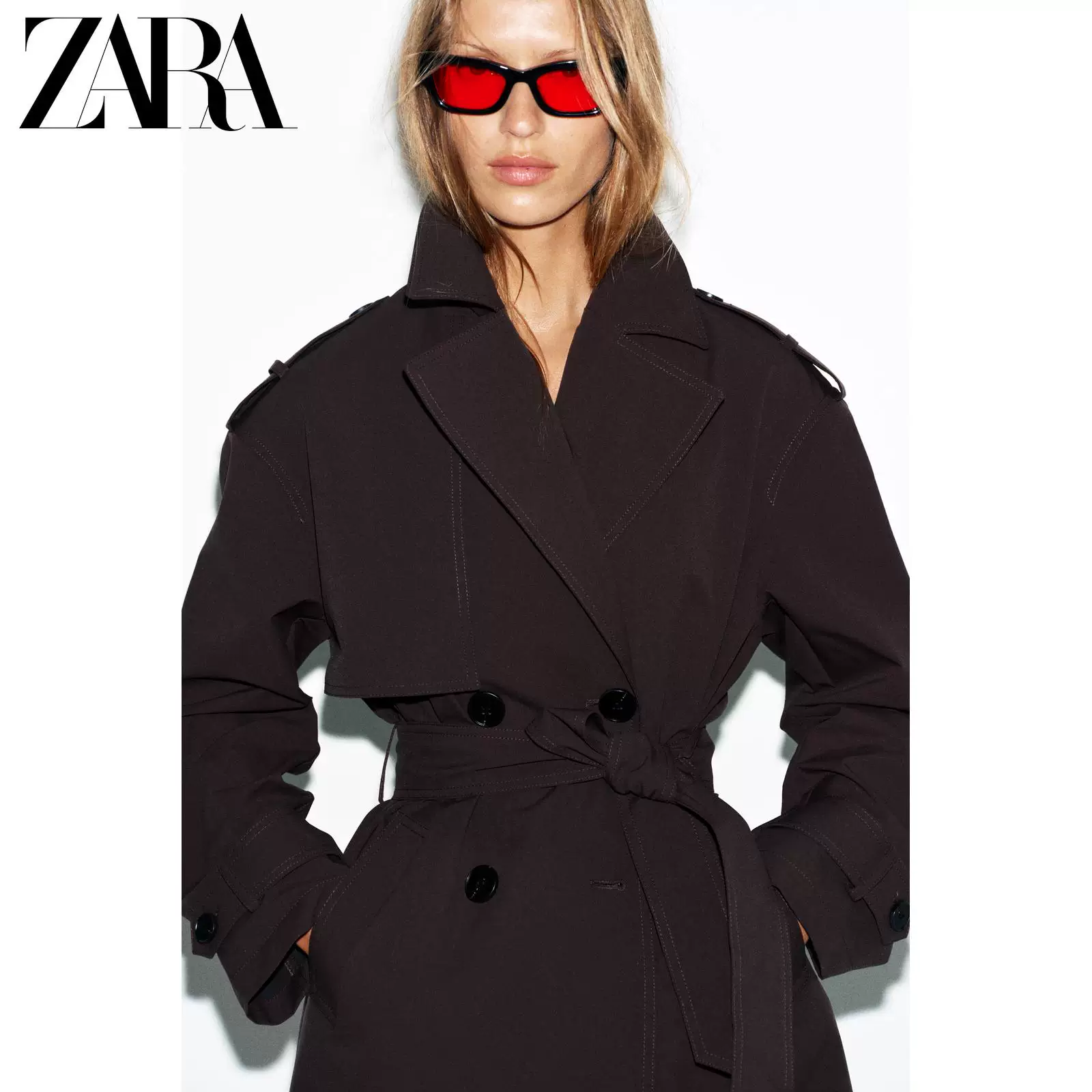 ZARA 2026 год весна-лето новые изделия Женские куртка-ветровка с длинным рукавом лацканом длинный пояс водонепроницаемая 8073076 700