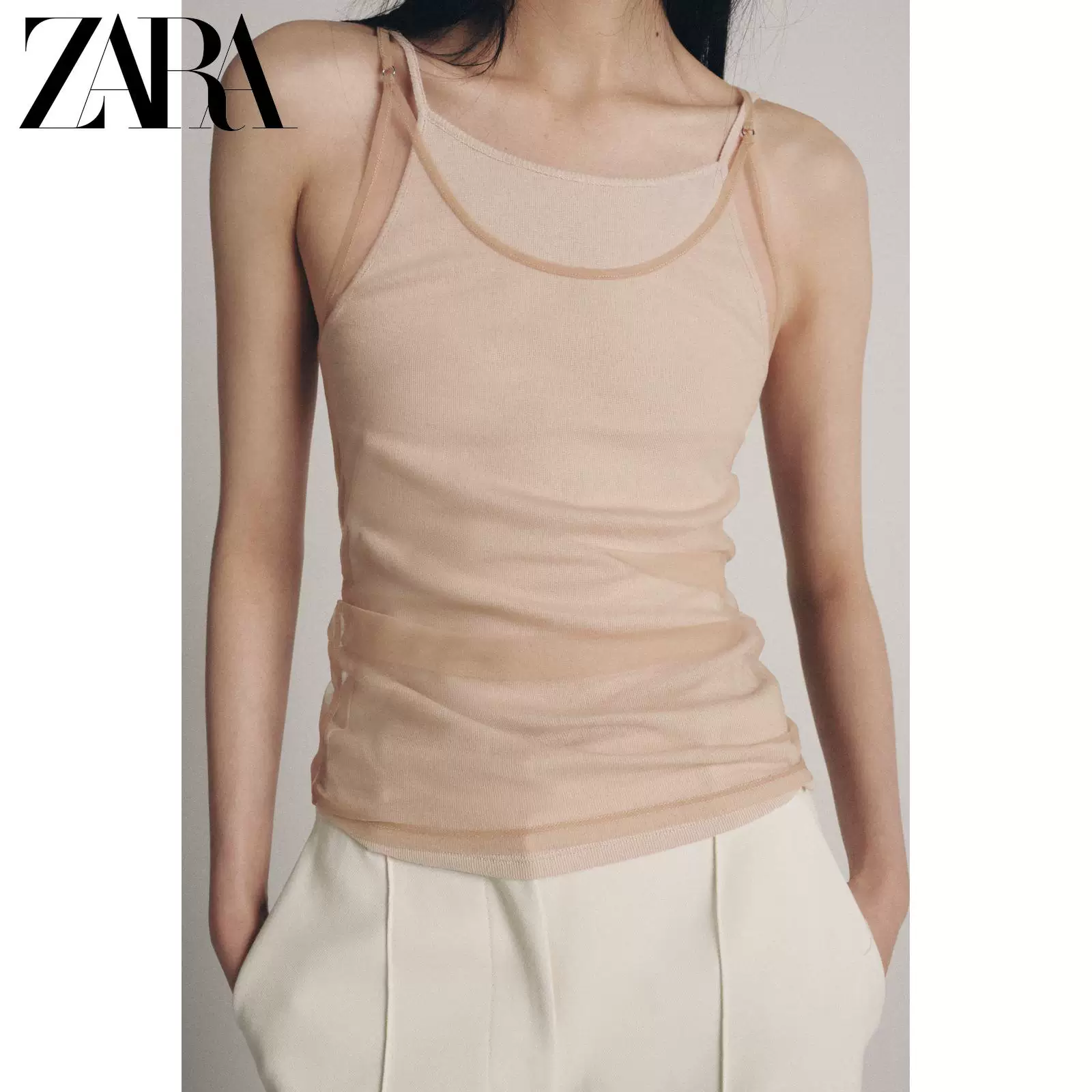 ZARA 2026 год весна-лето новые поступления женская майка-укороченная двойной слой тюля с круглым вырезом пояса Slim Fit топ 5644317 942