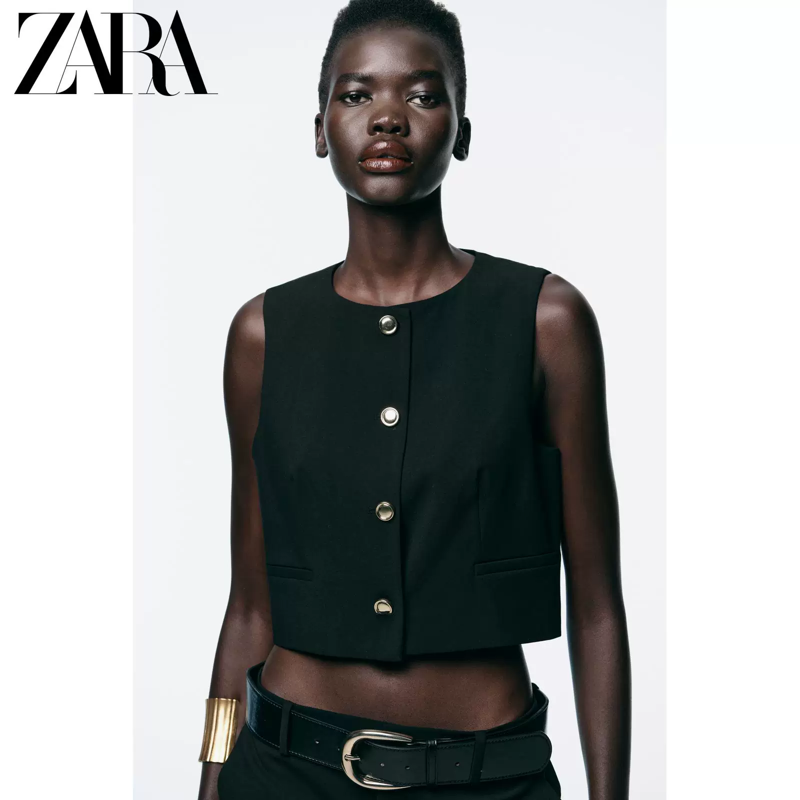 ZARA 2026 весна-лето новые поступления женские безрукавка с круглым вырезом золотистая кнопка короткий жилет 4387360 800