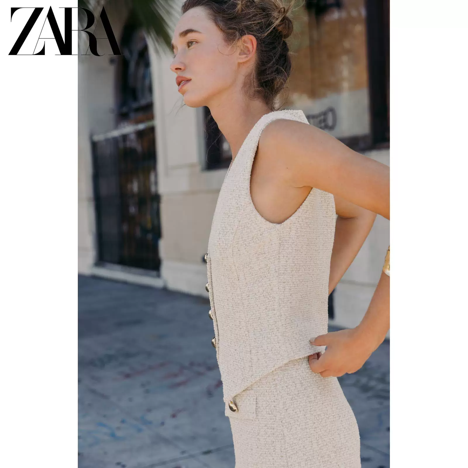 Специальное предложение ZARA Женский топ без рукавов с V-образным вырезом, прямой крой, фактурная ткань, кнопки, 5039215 712