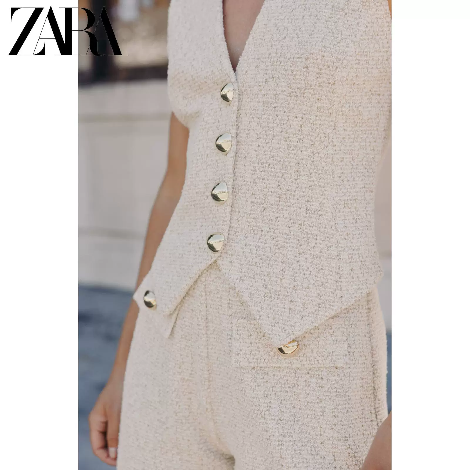 Специальное предложение ZARA Женский топ без рукавов с V-образным вырезом, прямой крой, фактурная ткань, кнопки, 5039215 712
