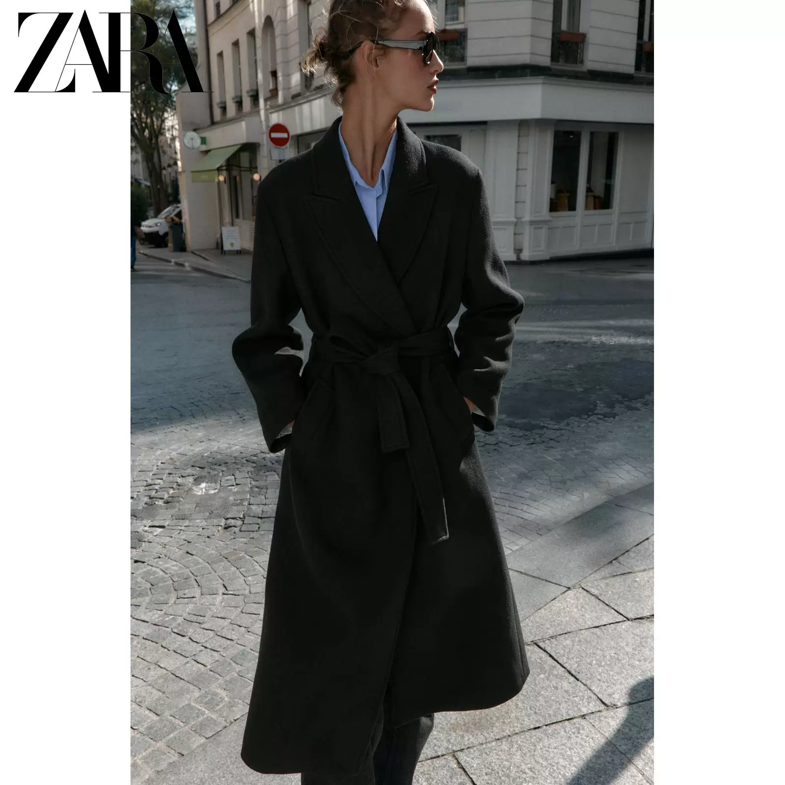 ZARA 2025 осень Новое поступление Женское длинное шерстяное пальто куртка с поясом 8471107 800