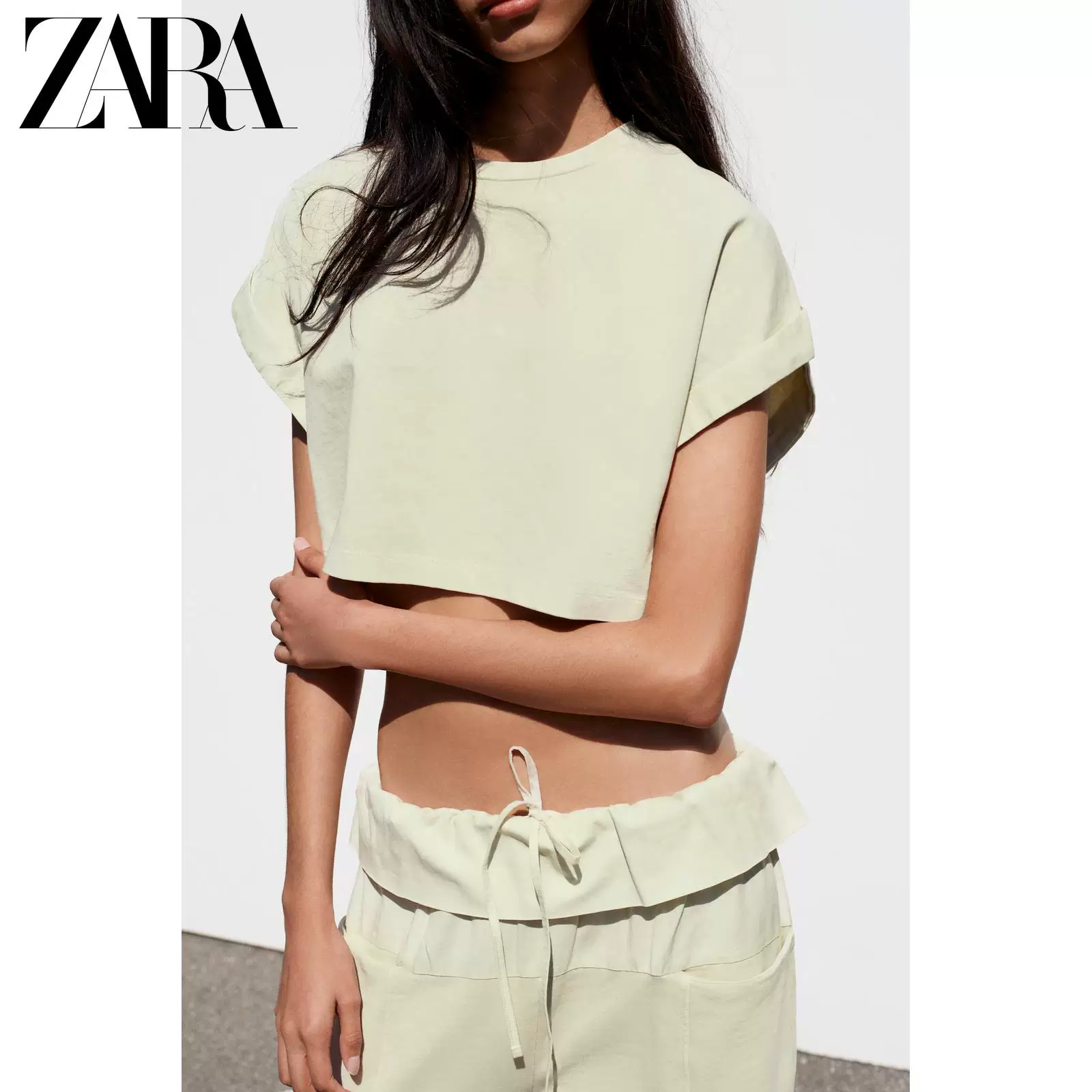 ZARA 2026 весна-лето новые товары Женская футболка с коротким рукавом и круглым вырезом, slim fit, повседневная стиль сплайс, 3253362