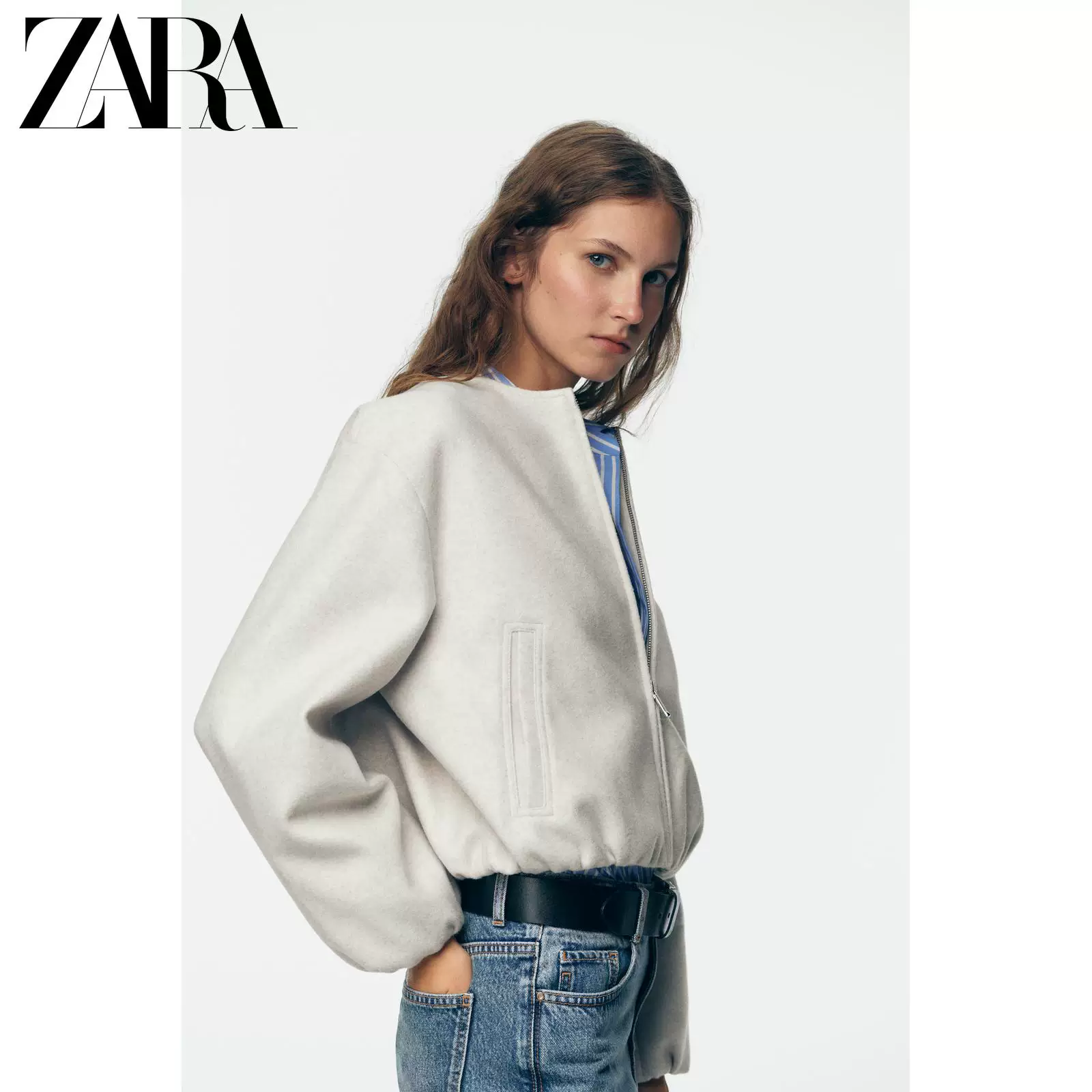 ZARA 2025 Осень Новинка Женская куртка с круглым вырезом и молнией, мягкий бомбер 3046264 712