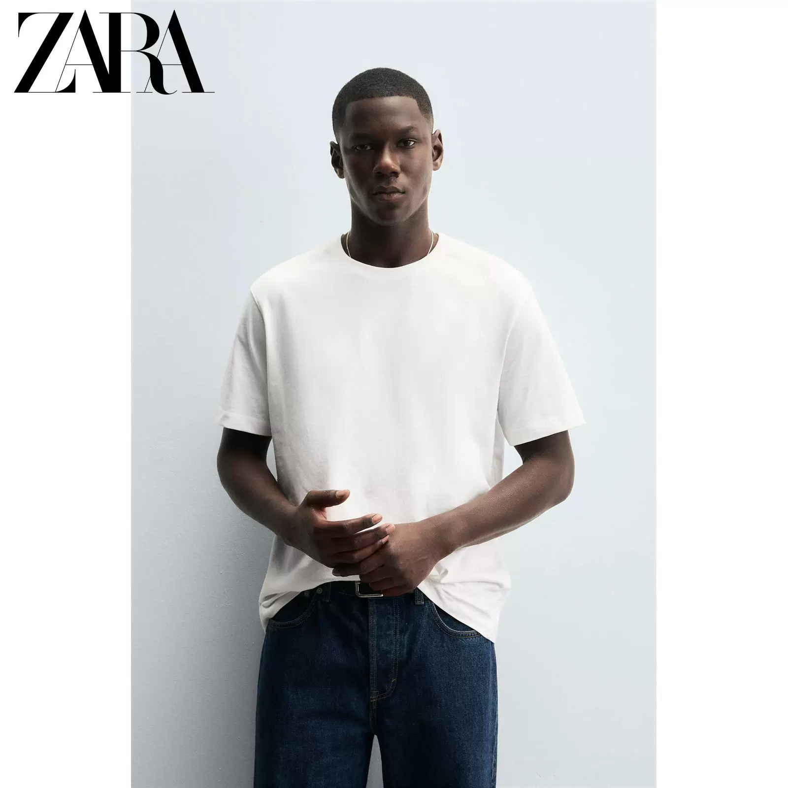 ZARA 2025 осень новые продукты мужская трикотажная футболка с коротким рукавом круглым вырезом средней толщины, 1887399