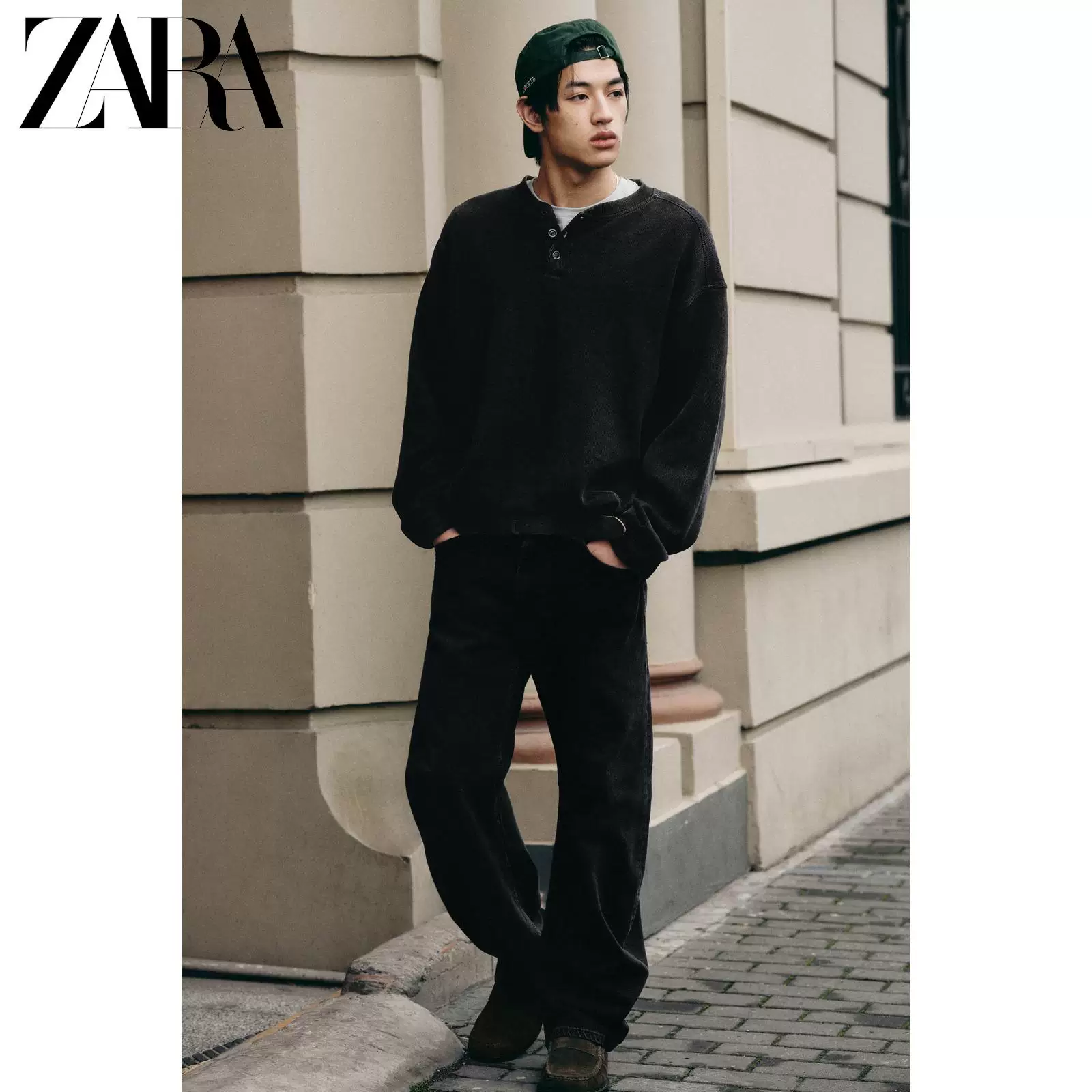 ZARA 2026 весна-лето новые поступления мужской хлопковый свитшот с кнопками Henley воротник структурированный Sweatshirt 0526441 898