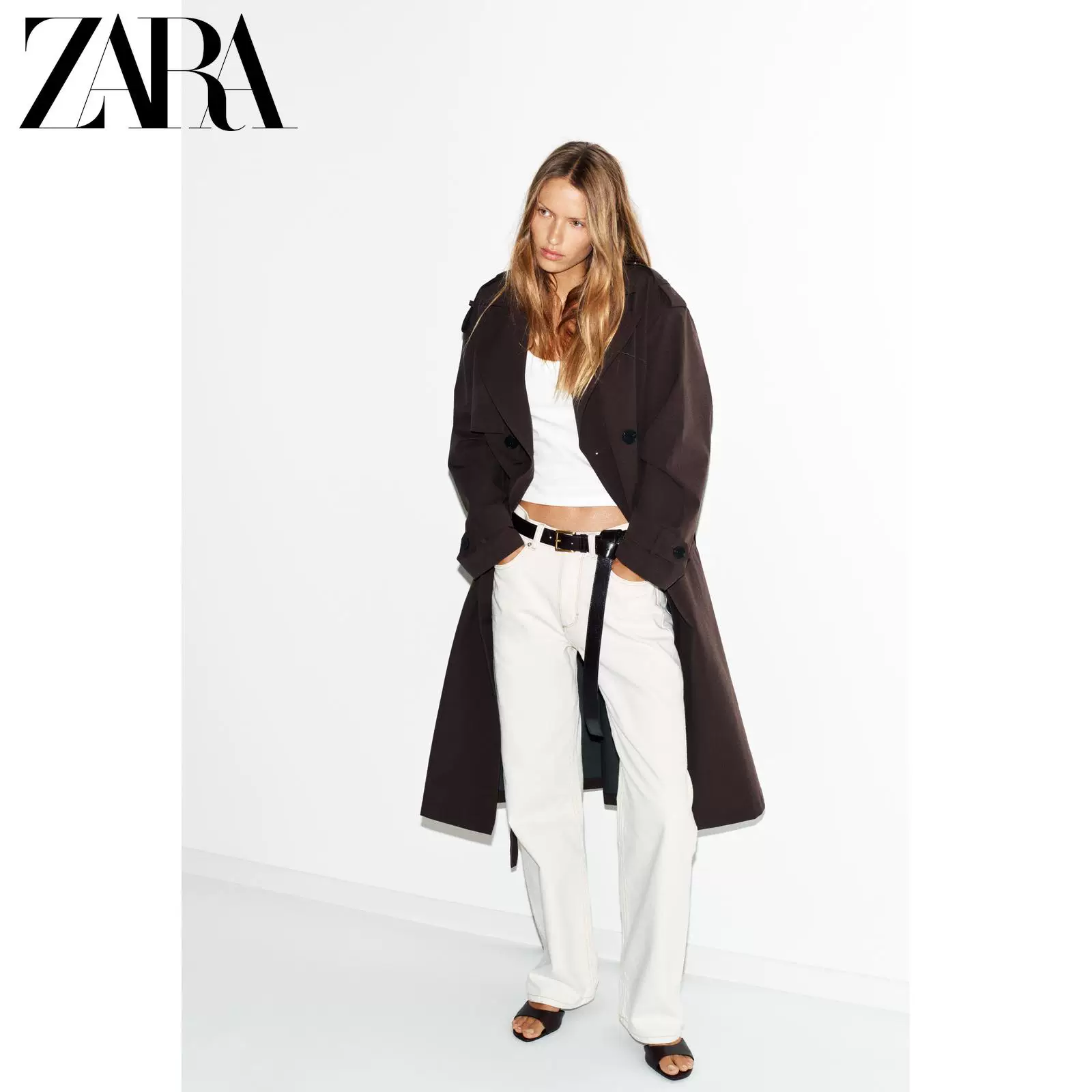 ZARA 2026 год весна-лето новые изделия Женские куртка-ветровка с длинным рукавом лацканом длинный пояс водонепроницаемая 8073076 700