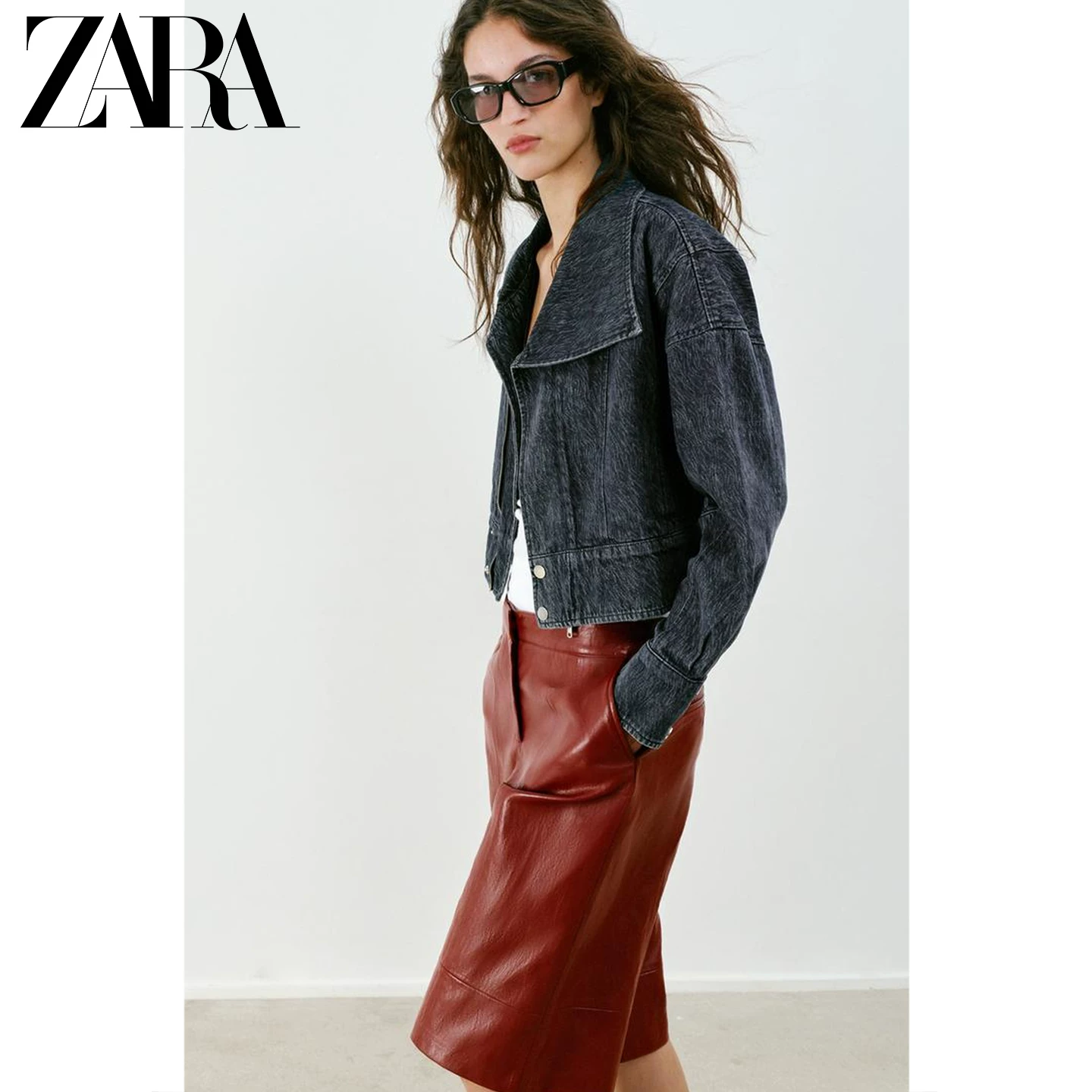 Женская джинсовая куртка ZARA Z1975, длинный рукав, укороченный крой, 100% хлопок, весна/лето