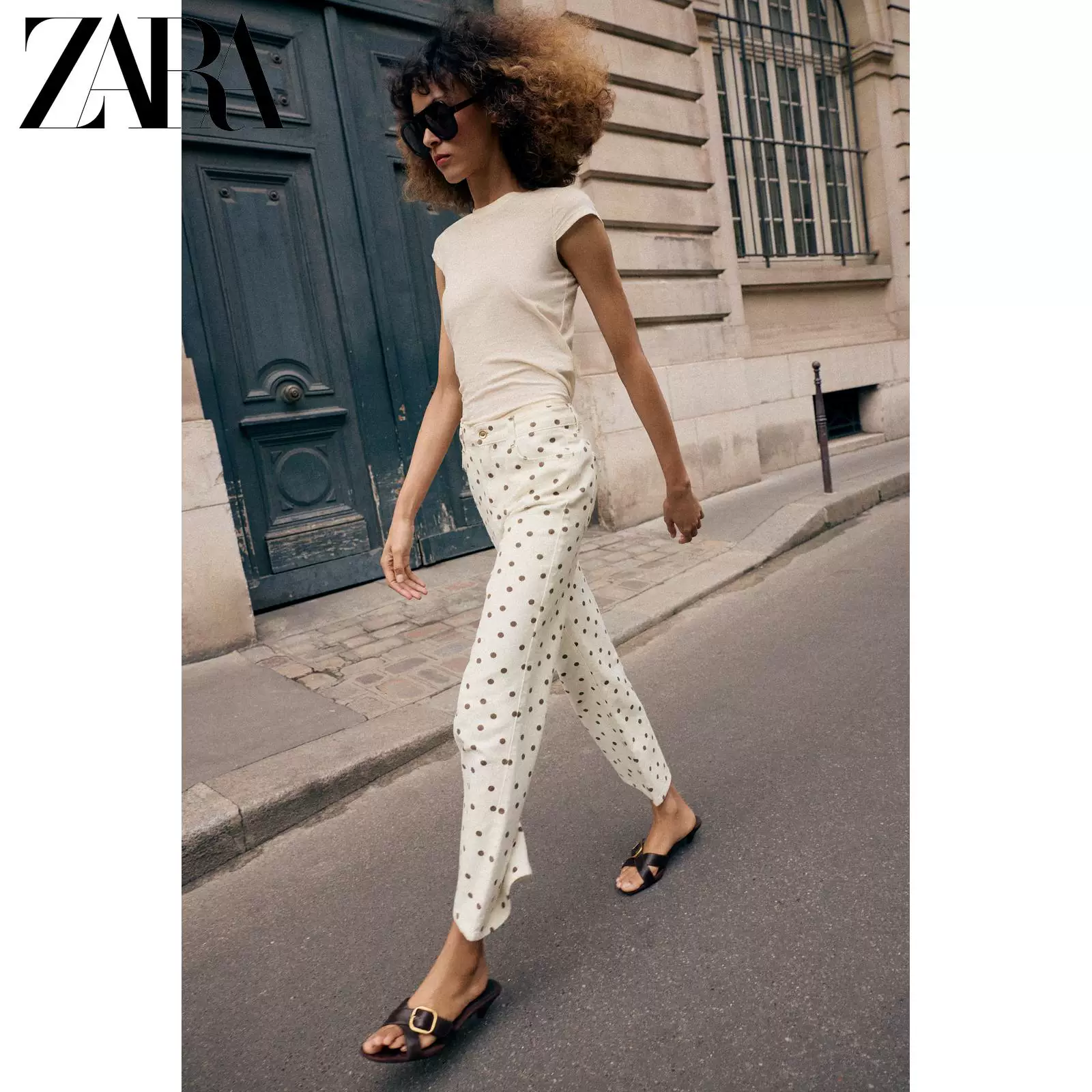 Футболка (ZARA) с круглым вырезом, приталенная, короткий рукав, 100% хлопок, минимализм