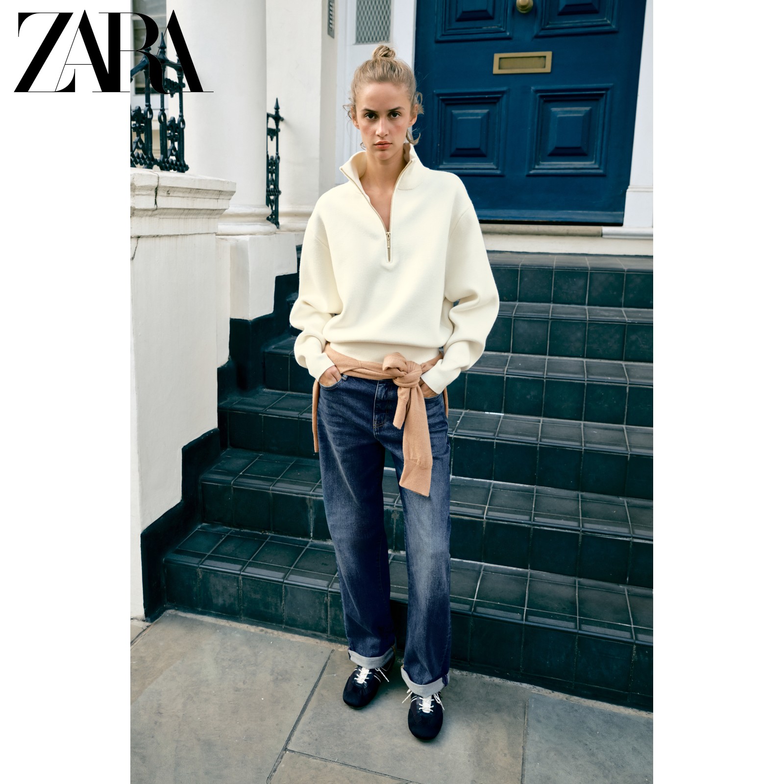 Осенние новинки ZARA2026, женский однотонный повседневный свитер на молнии с длинными рукавами и воротником-стойкой, 5536027 712