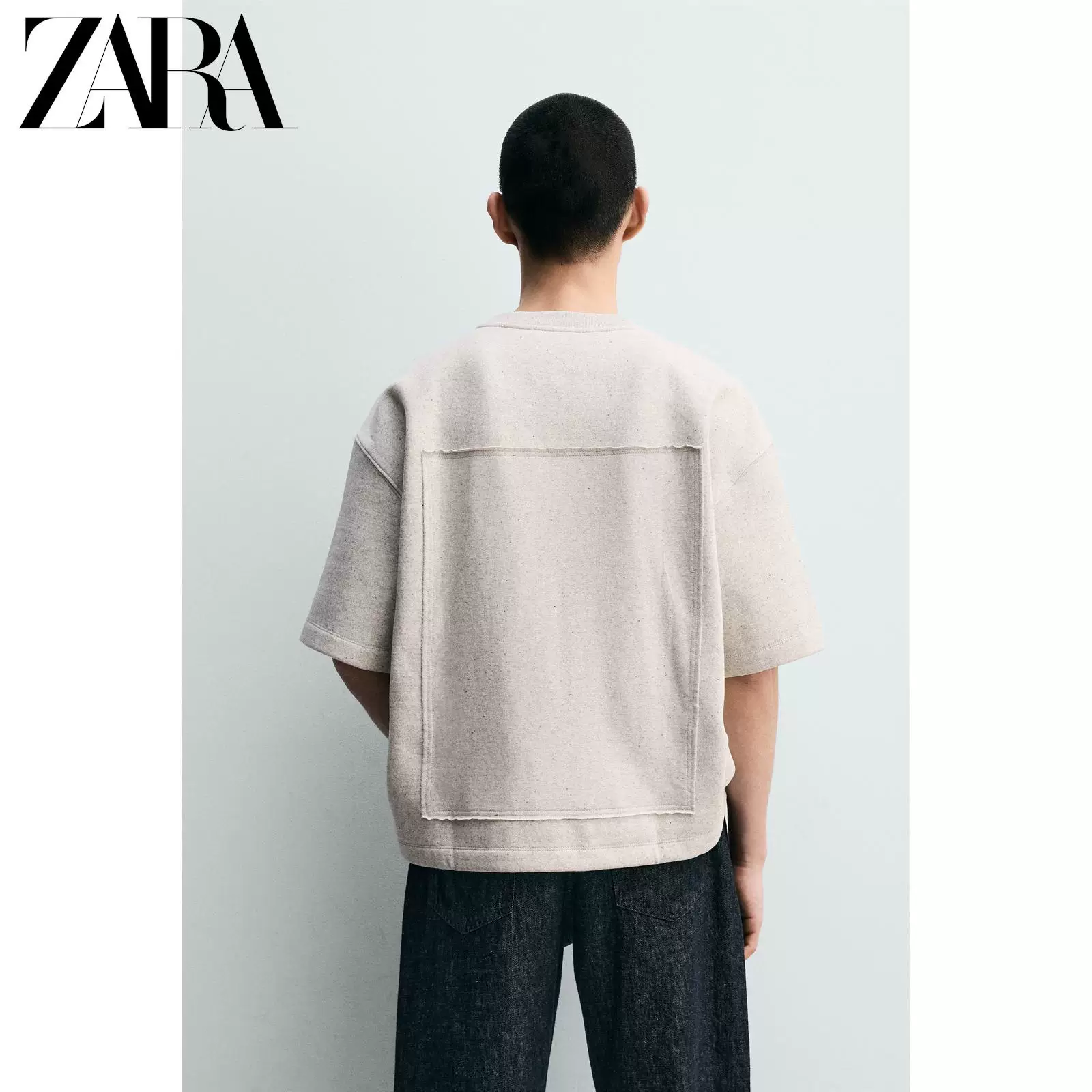 ZARA 2026 год весна-лето новые поступления мужской свободный свитшот с нашивками круглый вырез короткий рукав хлопок 5644465 803