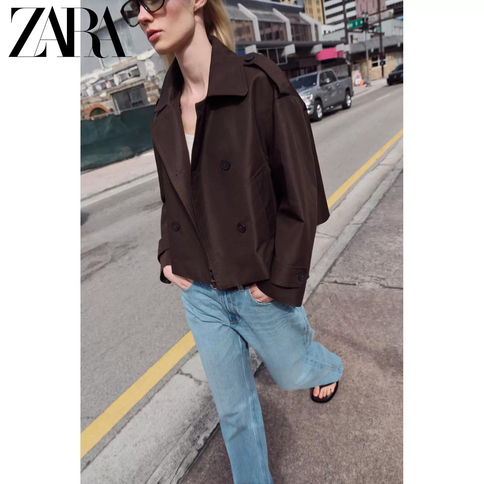ZARA 2026 весна-лето новые поступления Женские длинный рукав лацкан свободный короткий двубортный ветрозащитник 3046352 700