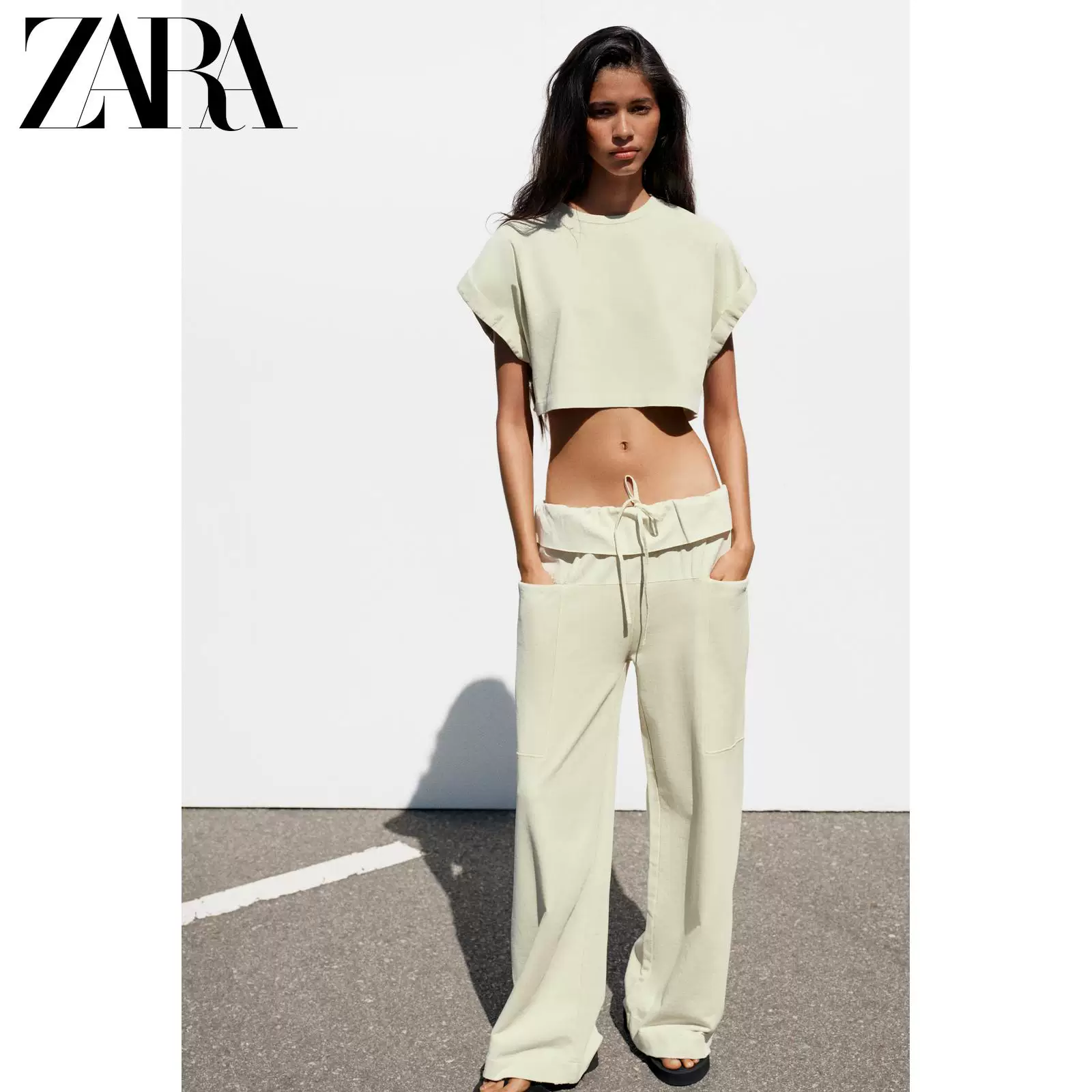 ZARA 2026 весна-лето новые товары Женская футболка с коротким рукавом и круглым вырезом, slim fit, повседневная стиль сплайс, 3253362