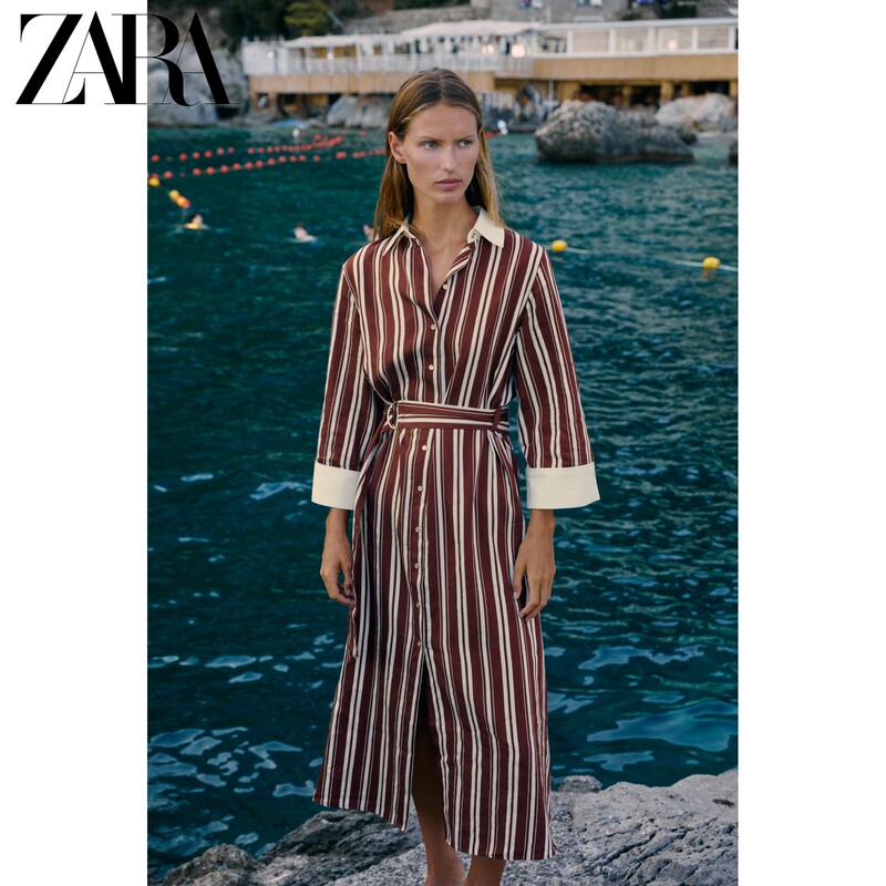 Zara2026 New Autumn Products Women's Long-Sleeved Striped Shirt-Style Dress with Belt 5029215 104