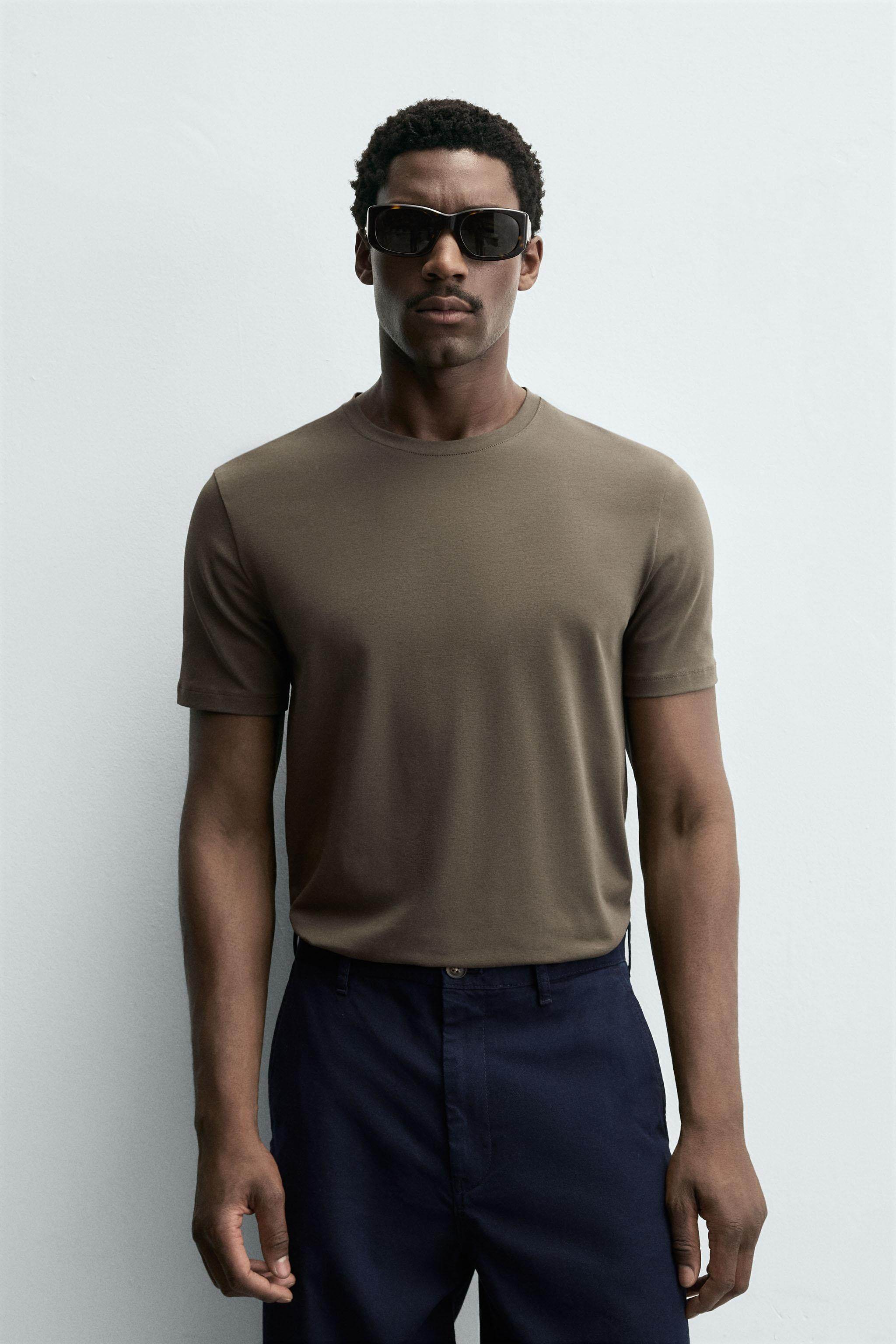ZARA 2025 осенью новый мужской основные эластичность тонкий круглый вырез с коротким рукавом Футболка 5584401 742, ZARA 