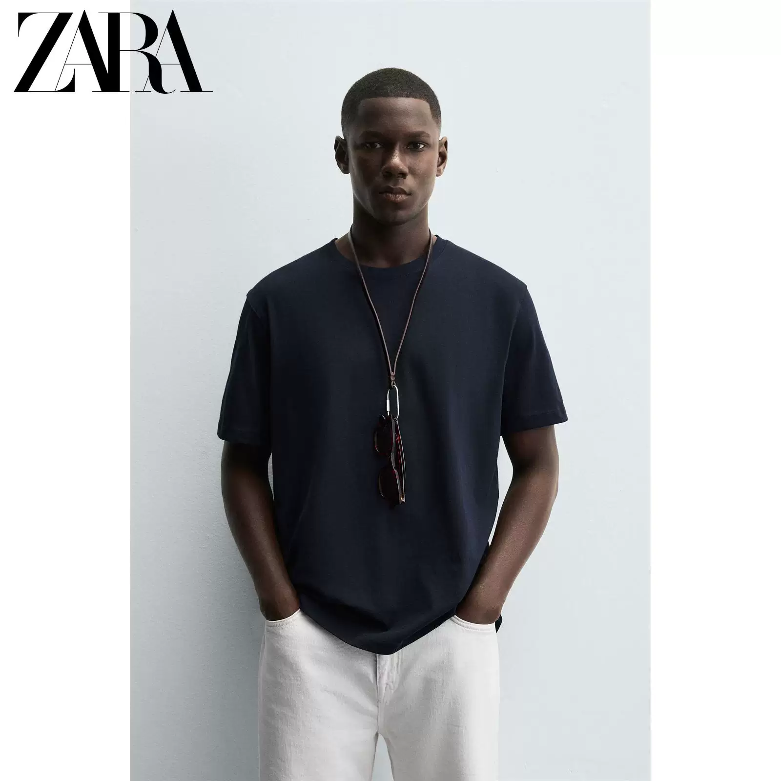 ZARA 2025 осень новые продукты мужская трикотажная футболка с коротким рукавом круглым вырезом средней толщины, 1887399