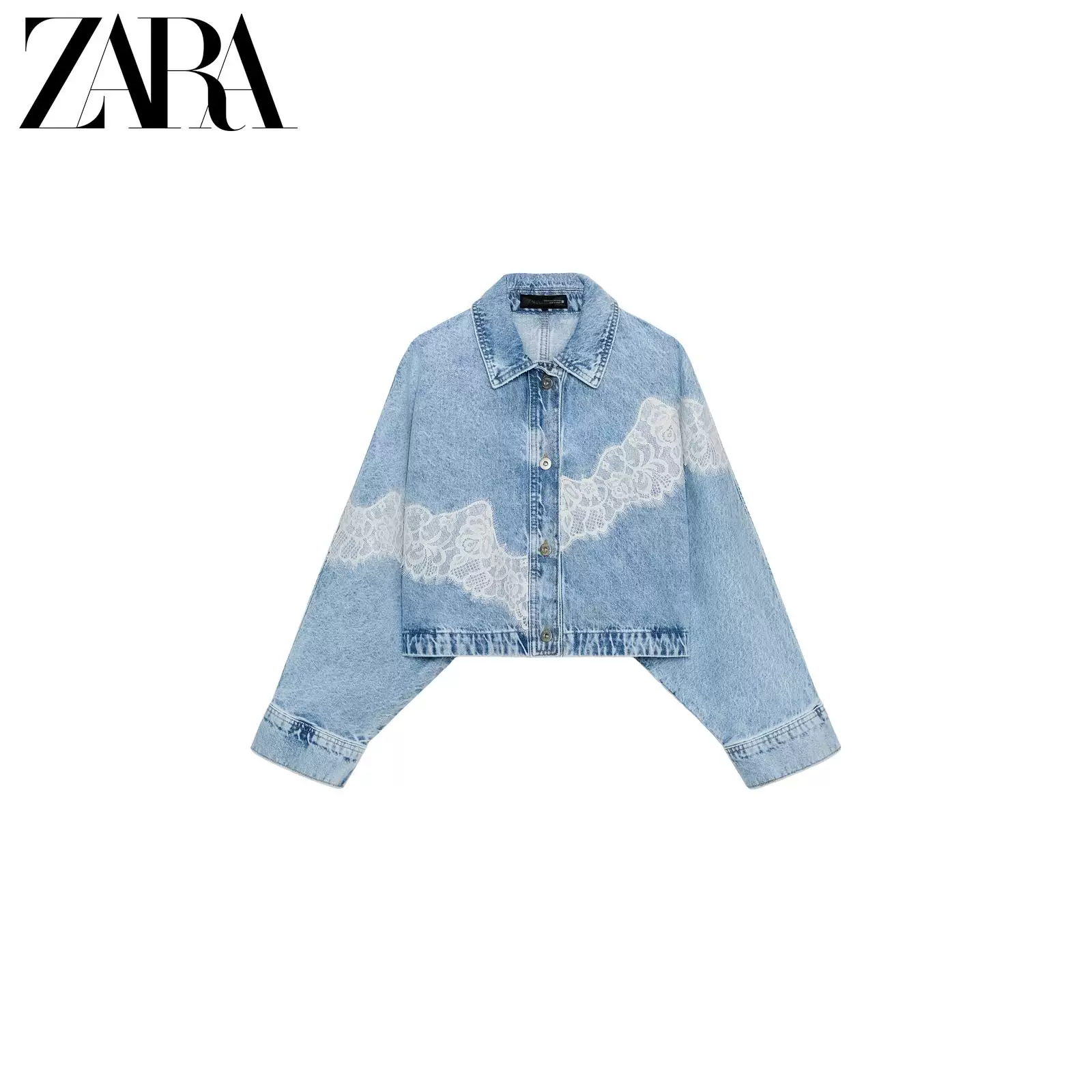 Короткий джинсовый жакет с кружевом ZARA, женский, 100% хлопок, весна/лето