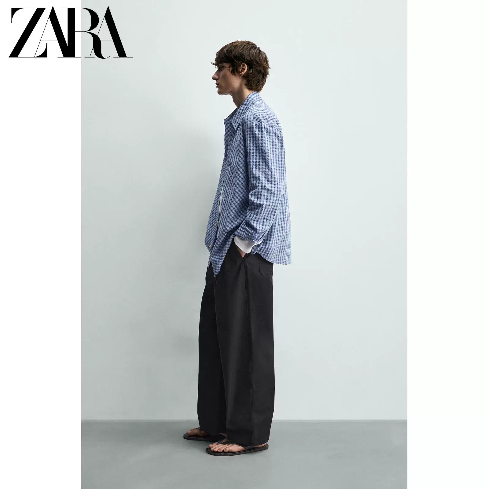 ZARA 2026 весна-лето новые поступления мужская свободная хлопковая длинным рукавом рубашка в клетку текстура 6103405 400