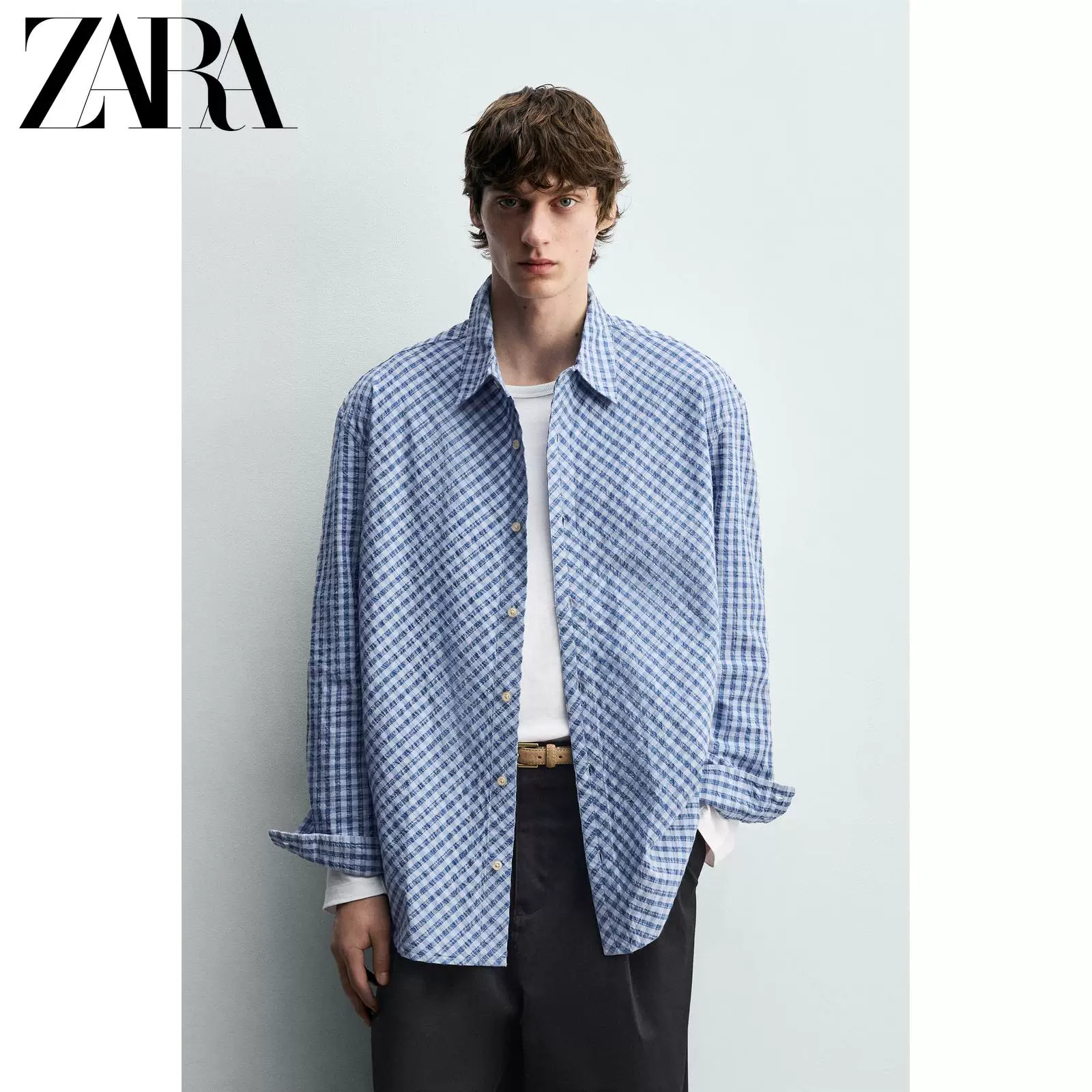 ZARA 2026 весна-лето новые поступления мужская свободная хлопковая длинным рукавом рубашка в клетку текстура 6103405 400