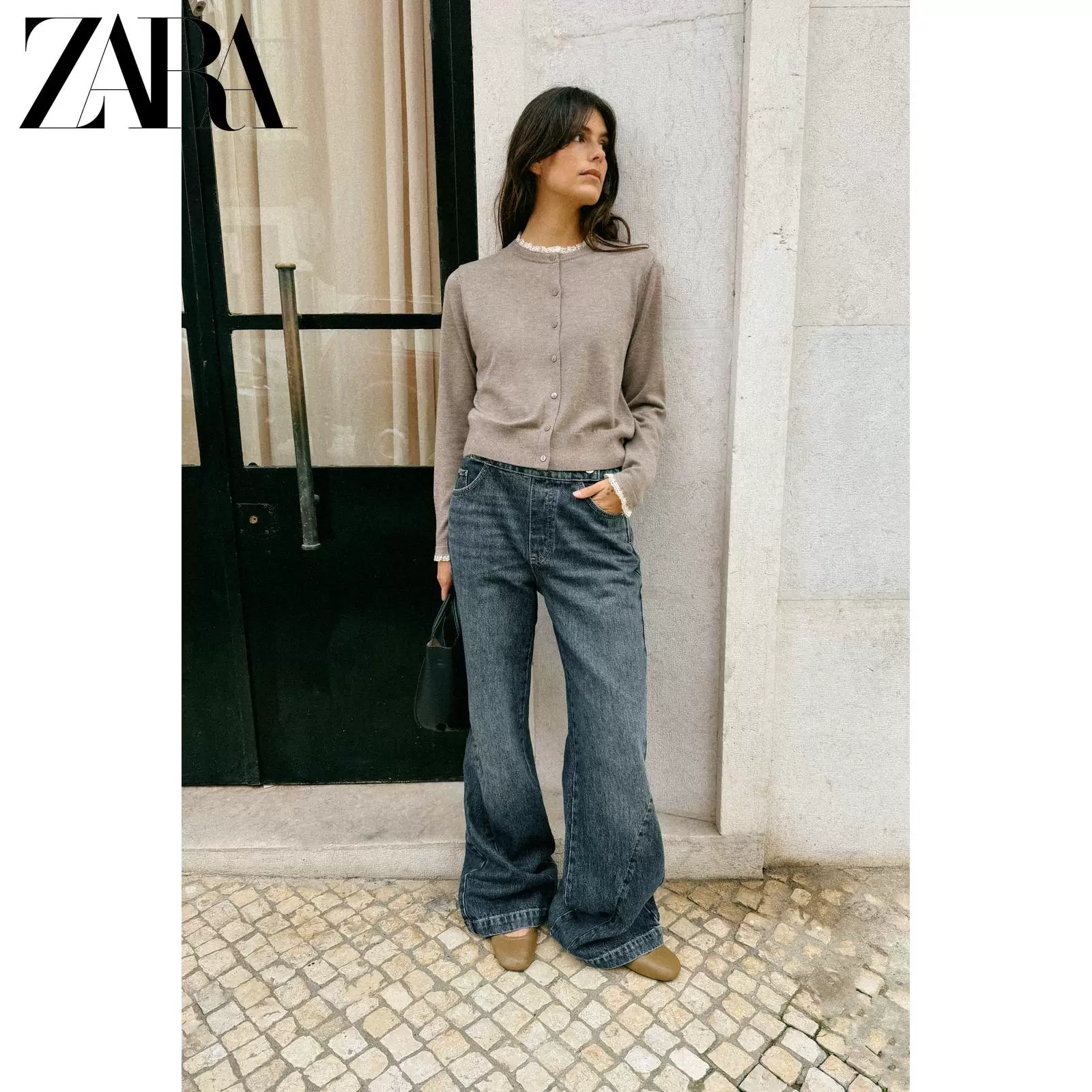 ZARA 2025 зимний новинка: женская блузка с длинным рукавом, круглым воротом, кружевная отделка, вязаная куртка 3920760 706