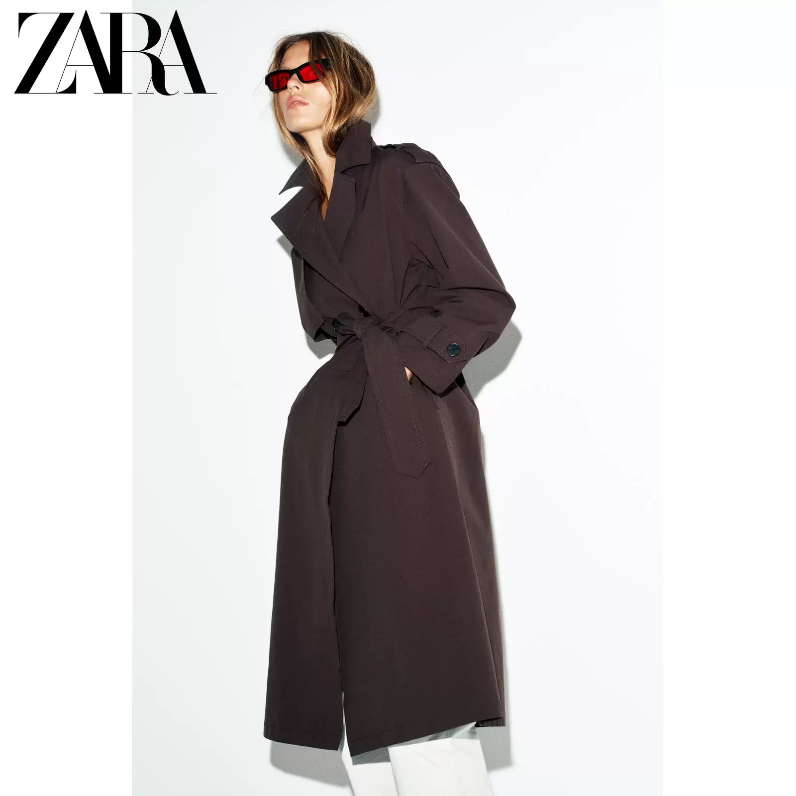 ZARA 2026 год весна-лето новые изделия Женские куртка-ветровка с длинным рукавом лацканом длинный пояс водонепроницаемая 8073076 700