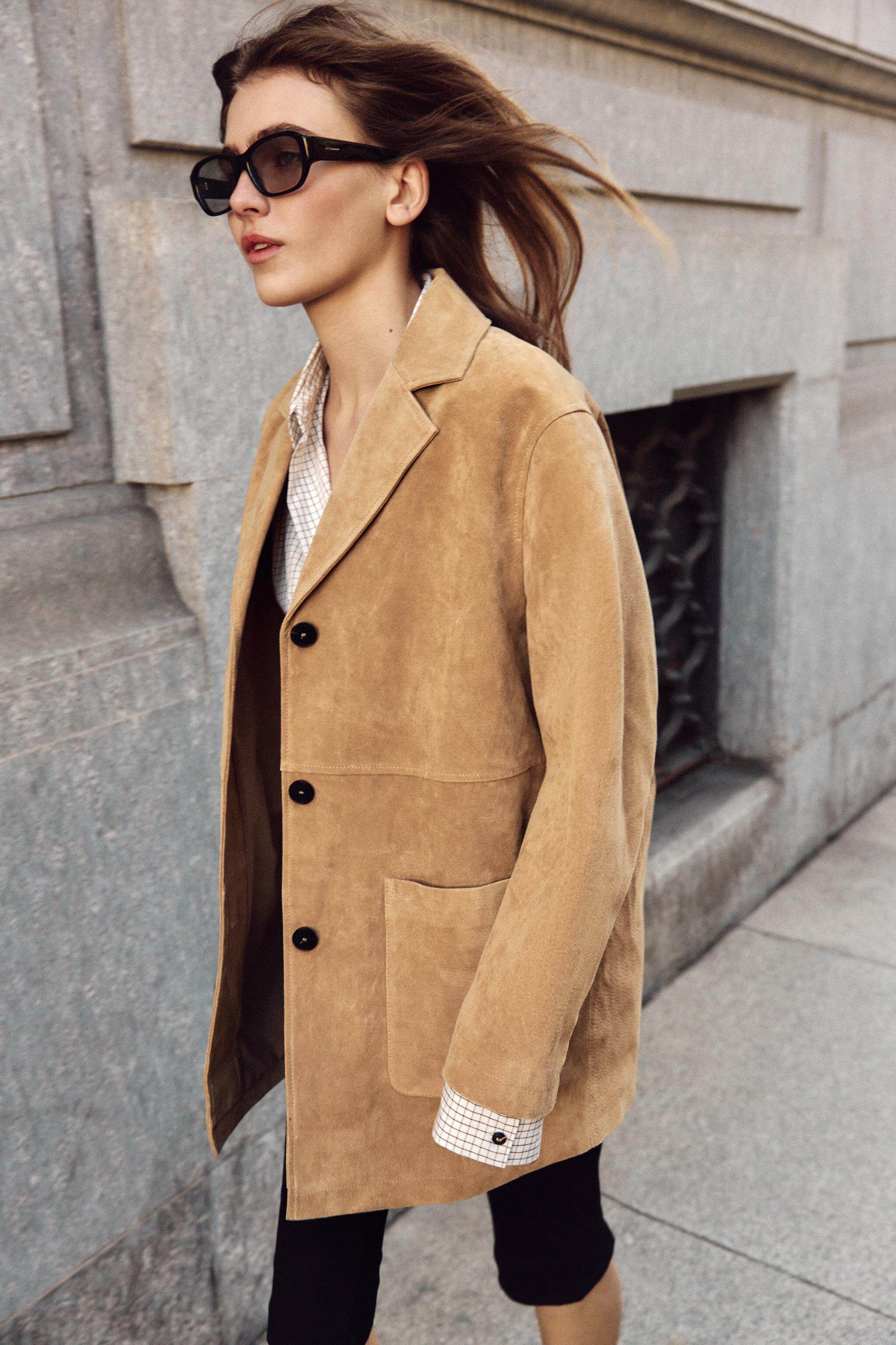 Кожаная куртка zara2026春夏新品 女装 长袖翻领纯绒面质感皮革外套 3046030 704