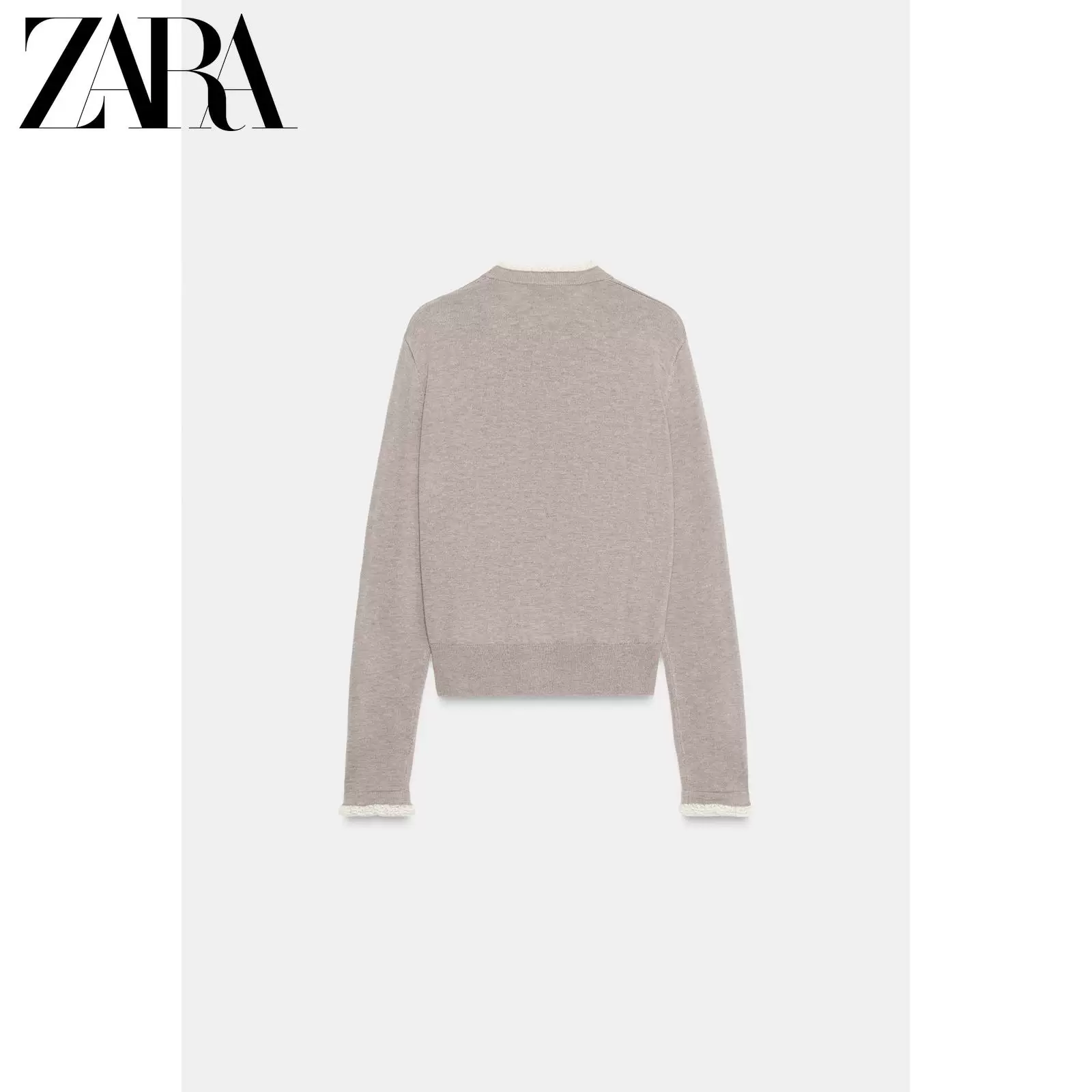 ZARA 2025 зимний новинка: женская блузка с длинным рукавом, круглым воротом, кружевная отделка, вязаная куртка 3920760 706