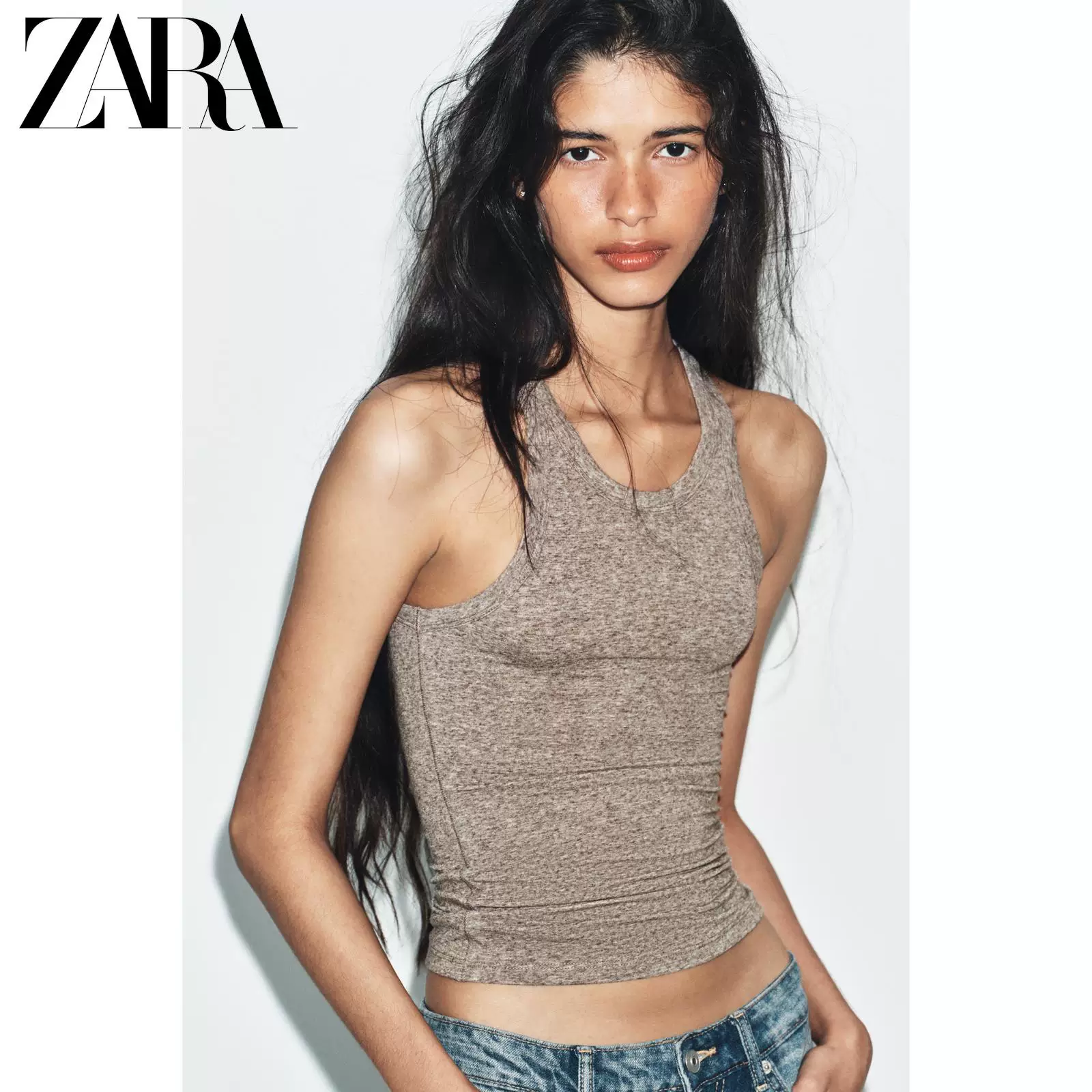 ZARA 2026 Весна и Лето Новинки Женский топ без рукавов с круглым вырезом из льняного Blend ткани повседневный 2615303 723