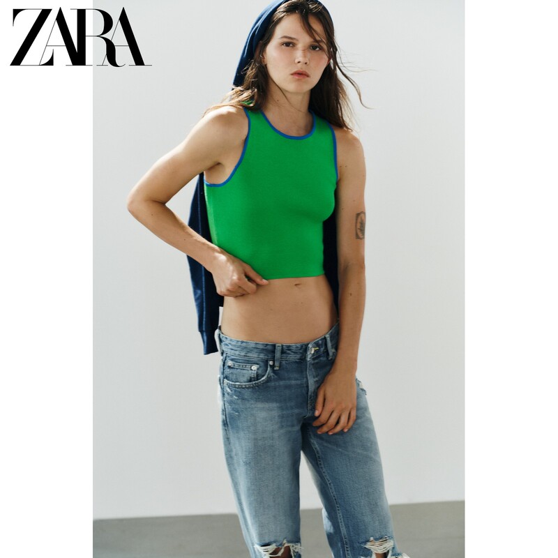 Zara2026 Early Autumn New Products Women's Clothing Sleeveless Round Neck Knitted Short Top with Contrasting Color Trim 3519011 500 Zara2026 Early Autumn New Products Women's Clothing Sleeveless Round Neck Knitted Short Top with Contrasting Color Trim 3519011 500
